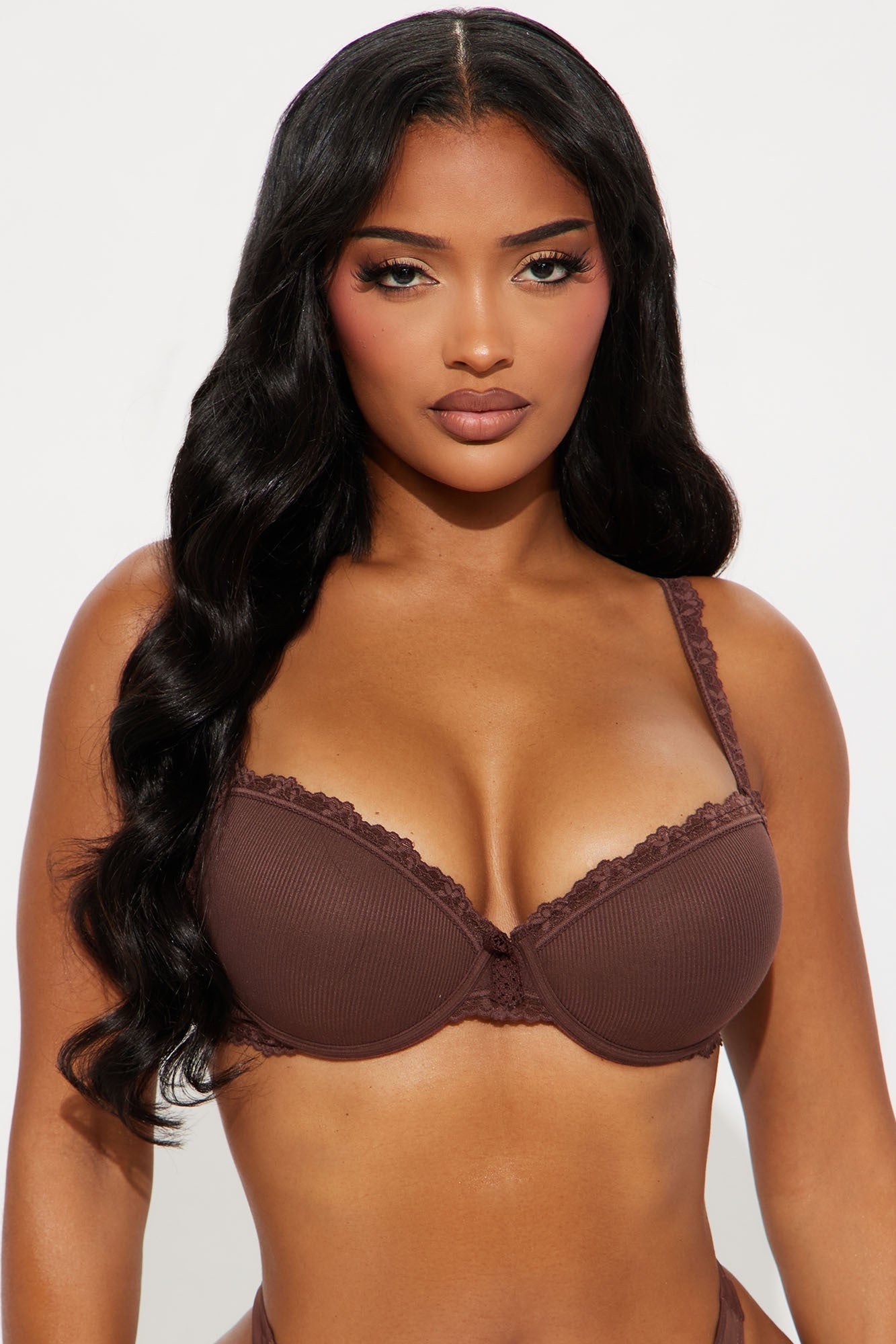 Talk Sweet To Me Ribbed Lace Trim Extreme Push Up Bra - Chocolate
