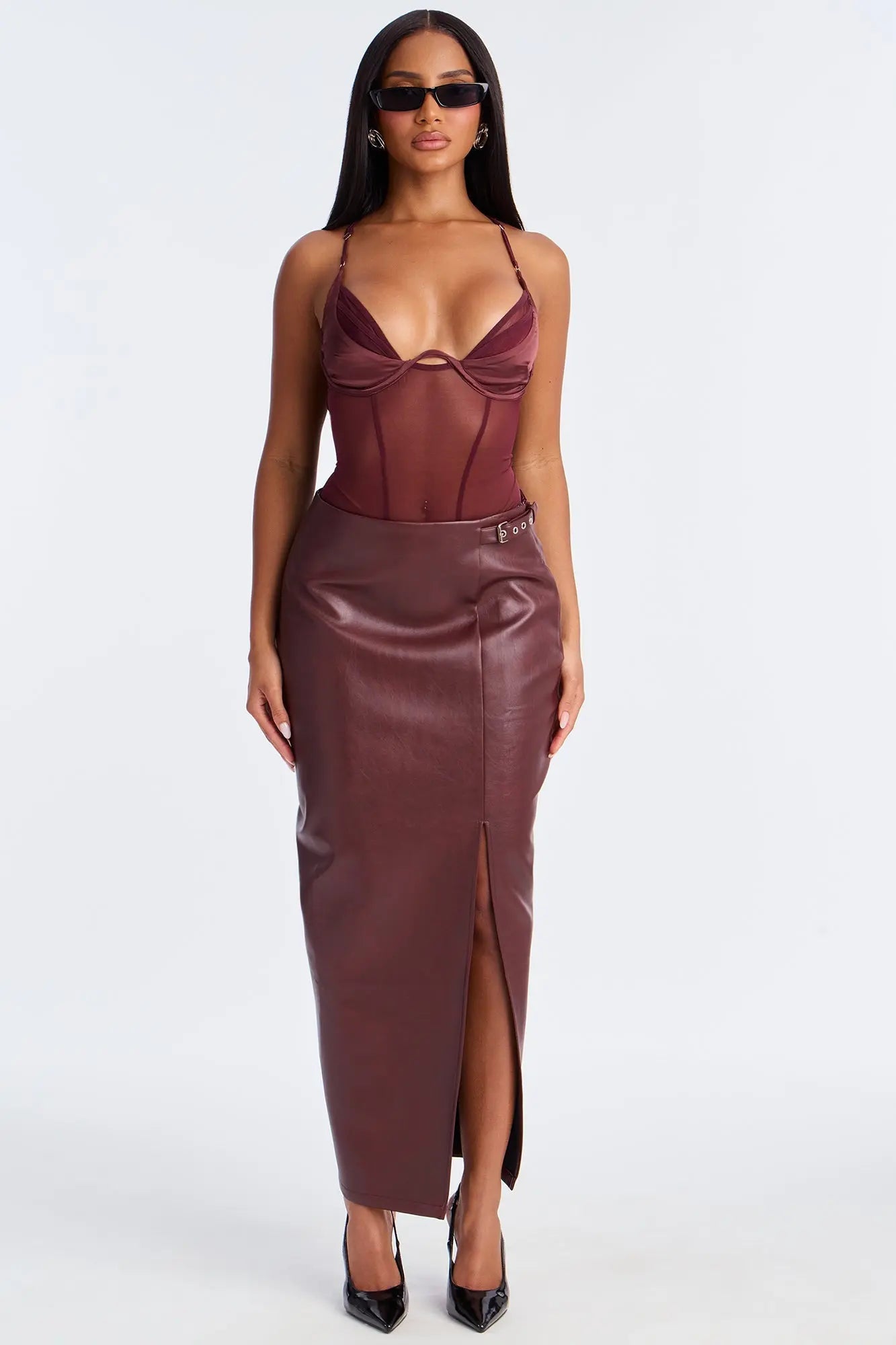 Bad For You Belted Faux Leather Maxi Skirt - Burgundy