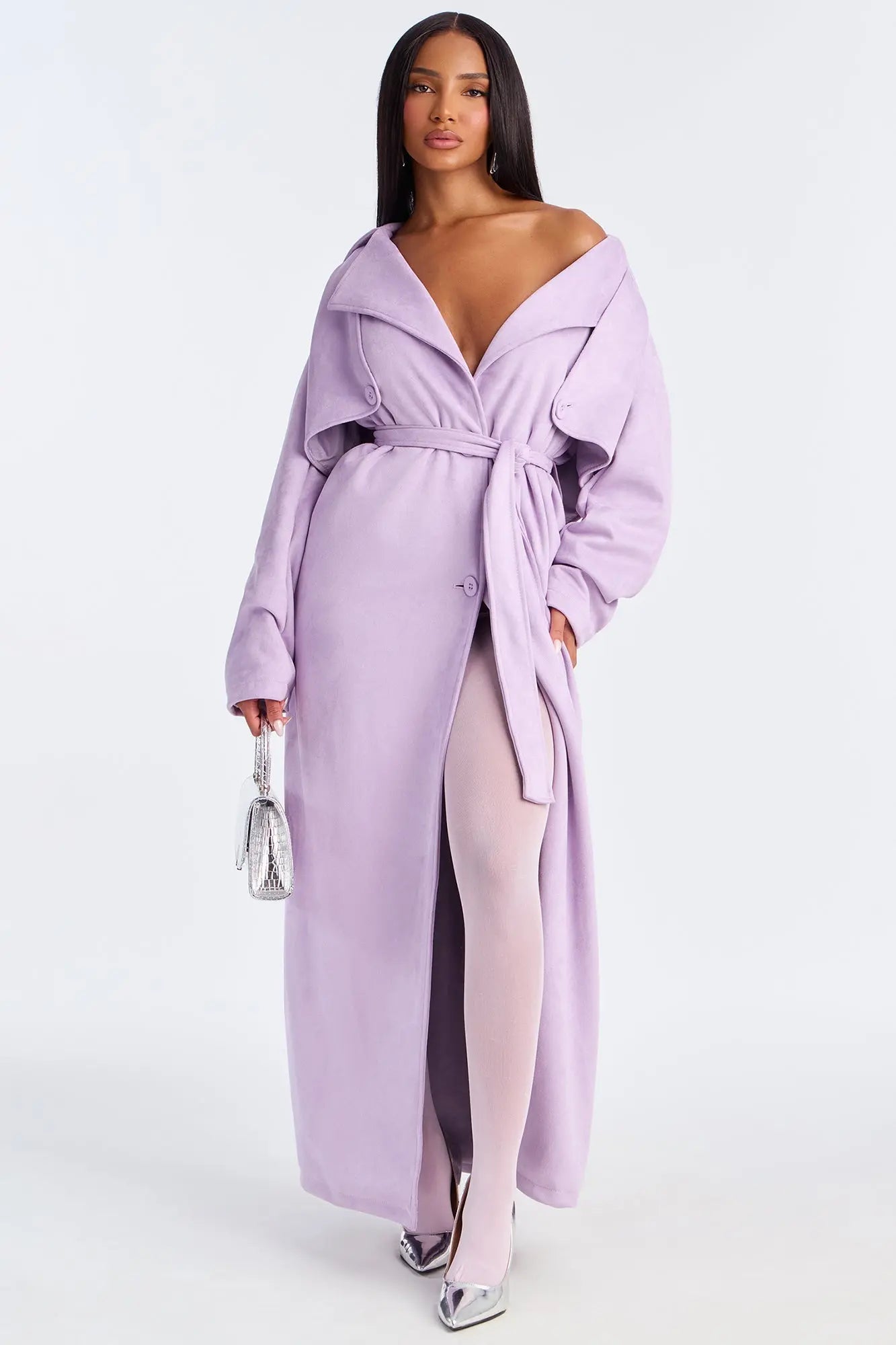 Topic of Conversation Faux Suede Trench Coat - Lavender