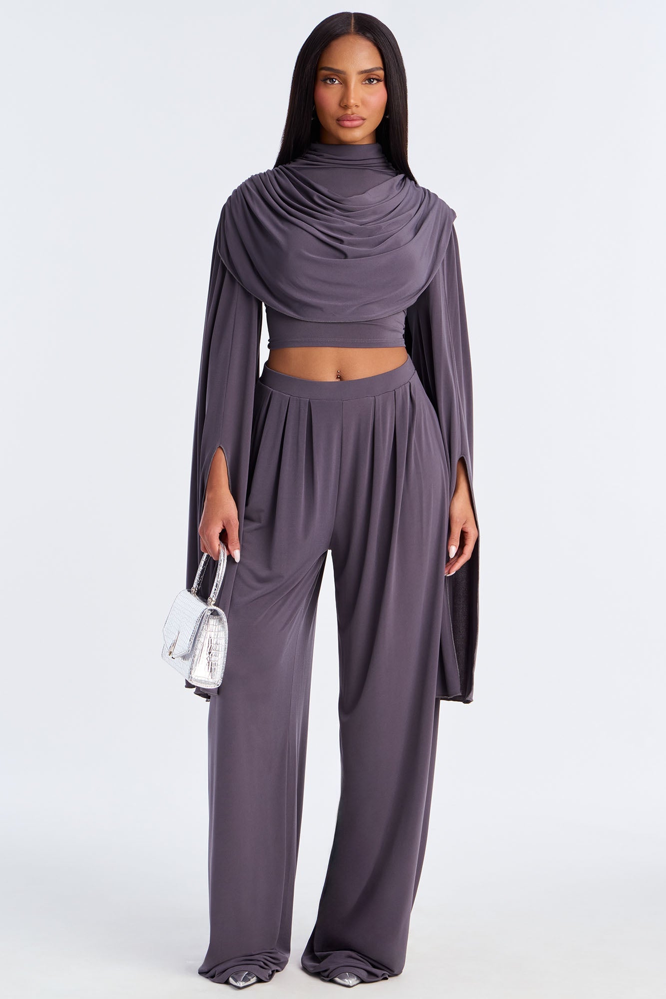 Gemma Draped Wide Leg Pant Set - Charcoal