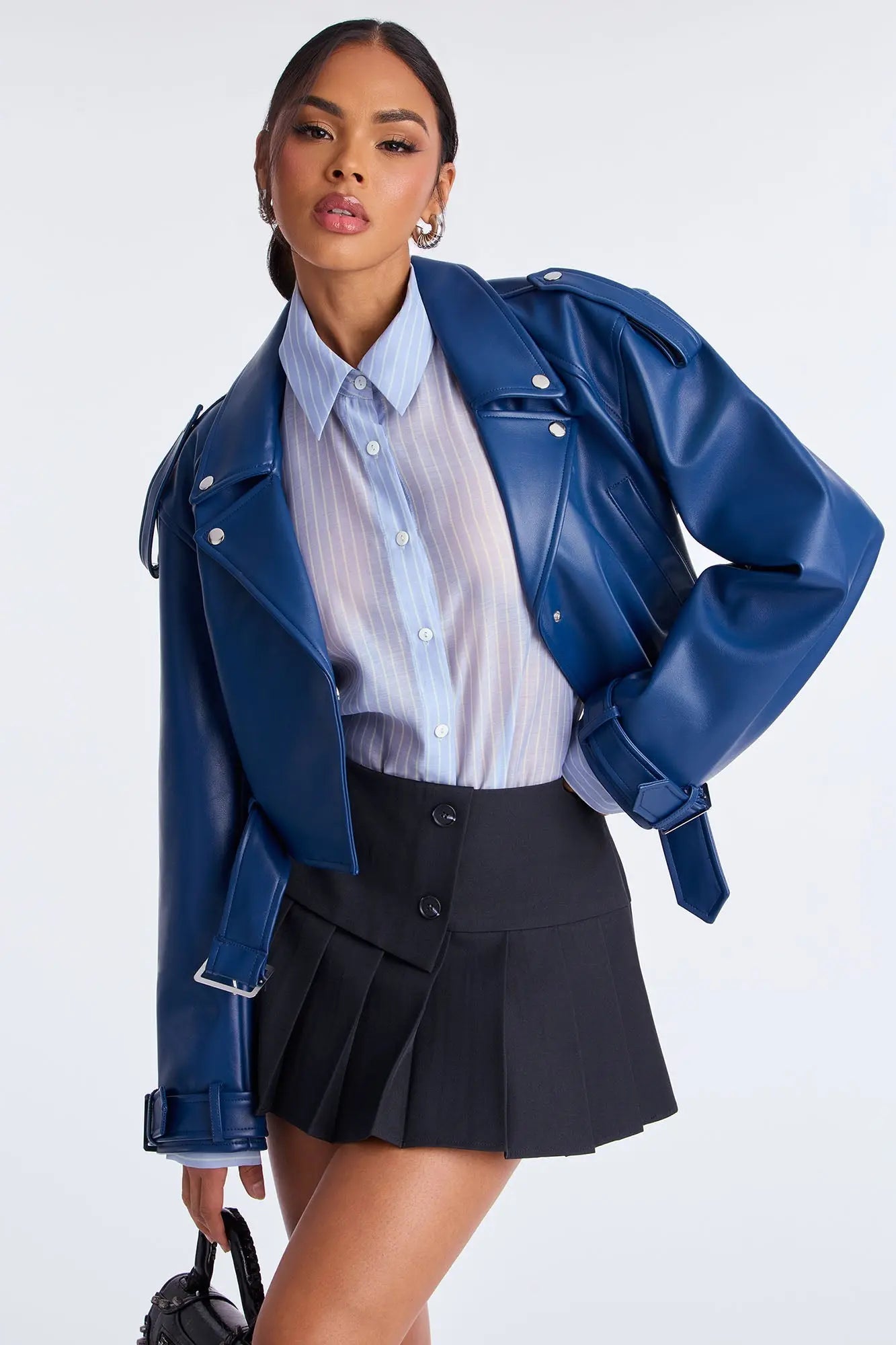 Fast Lane Faux Leather Moto Jacket - Blue