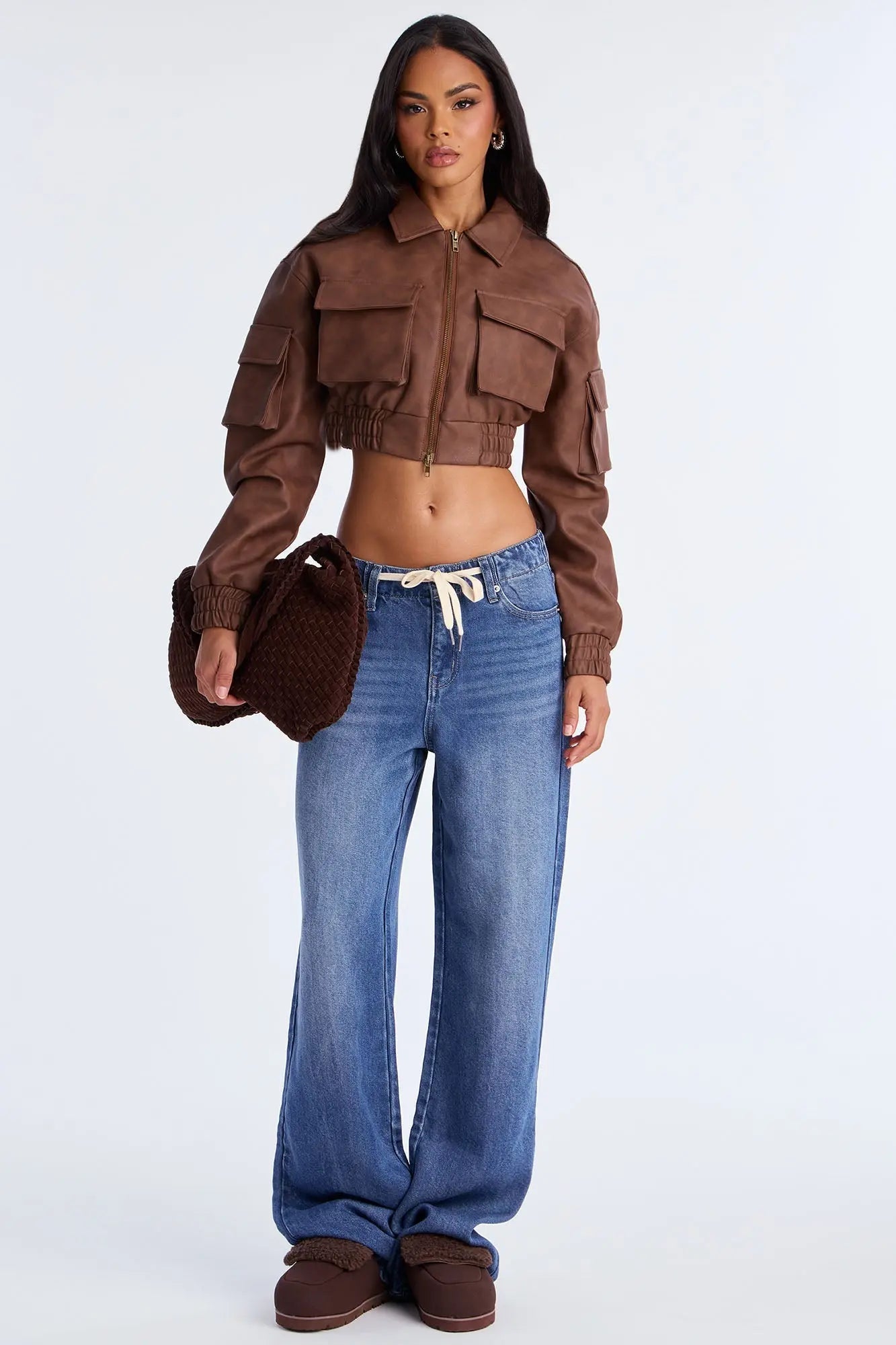 Georgie Cropped Faux Leather Bomber Jacket - Brown