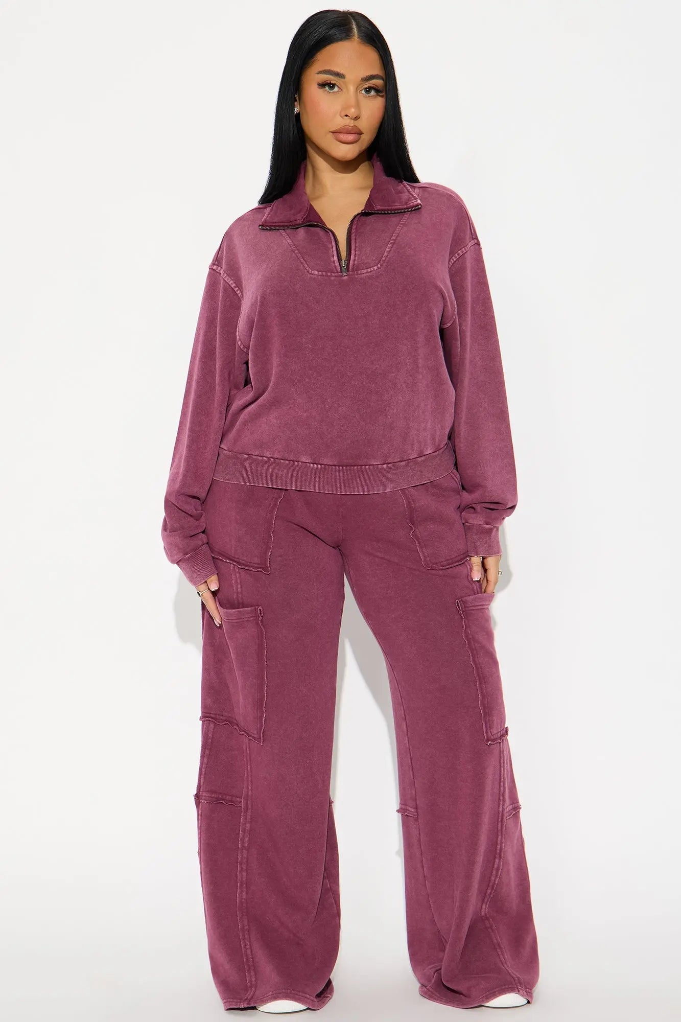 Come And Go Quarter Zip Washed Pant Set - Burgundy