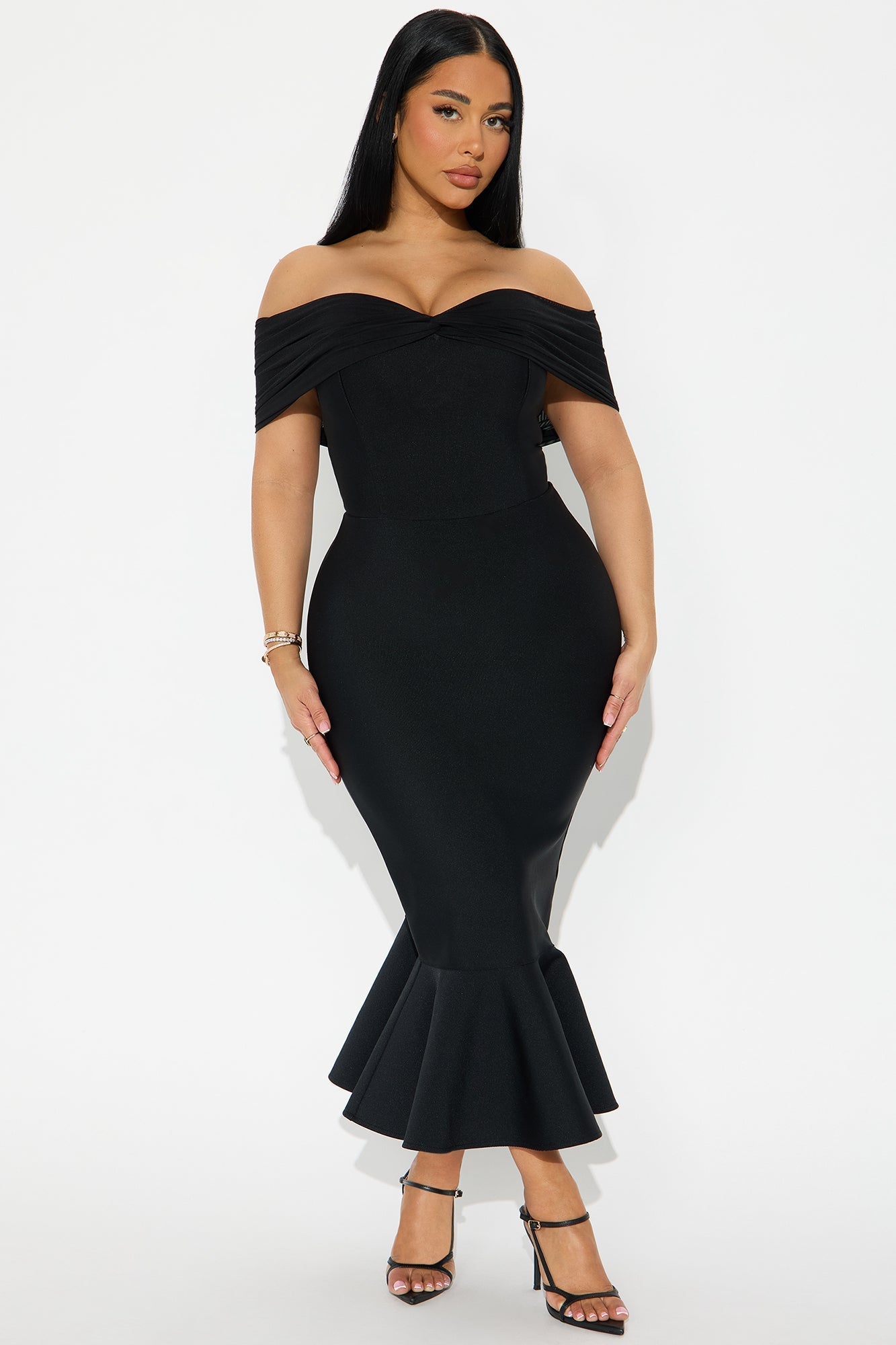 Isadora Off Shoulder Bandage Midi Dress - Black