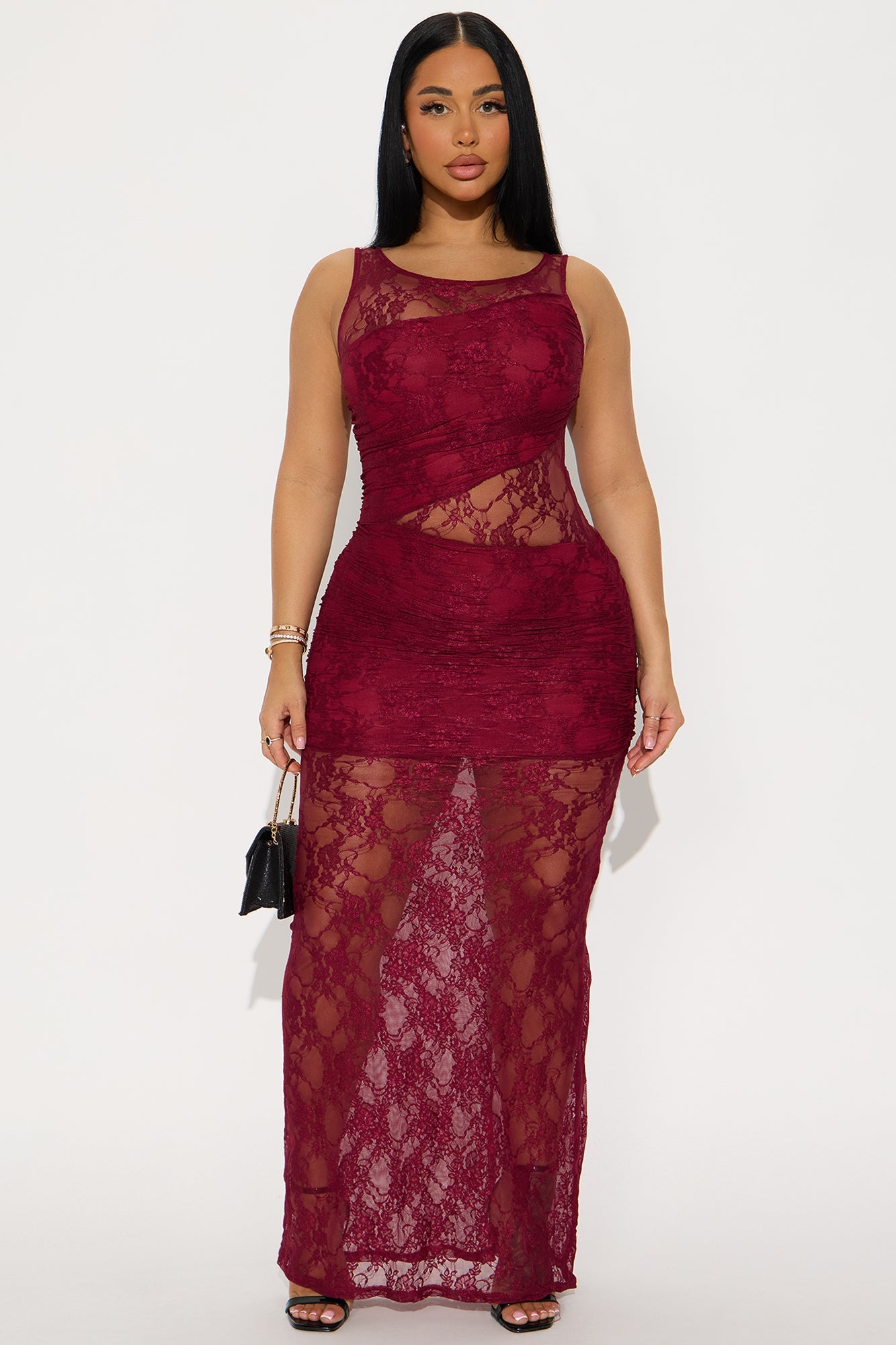 Barely There Sheer Lace Maxi Dress - Burgundy