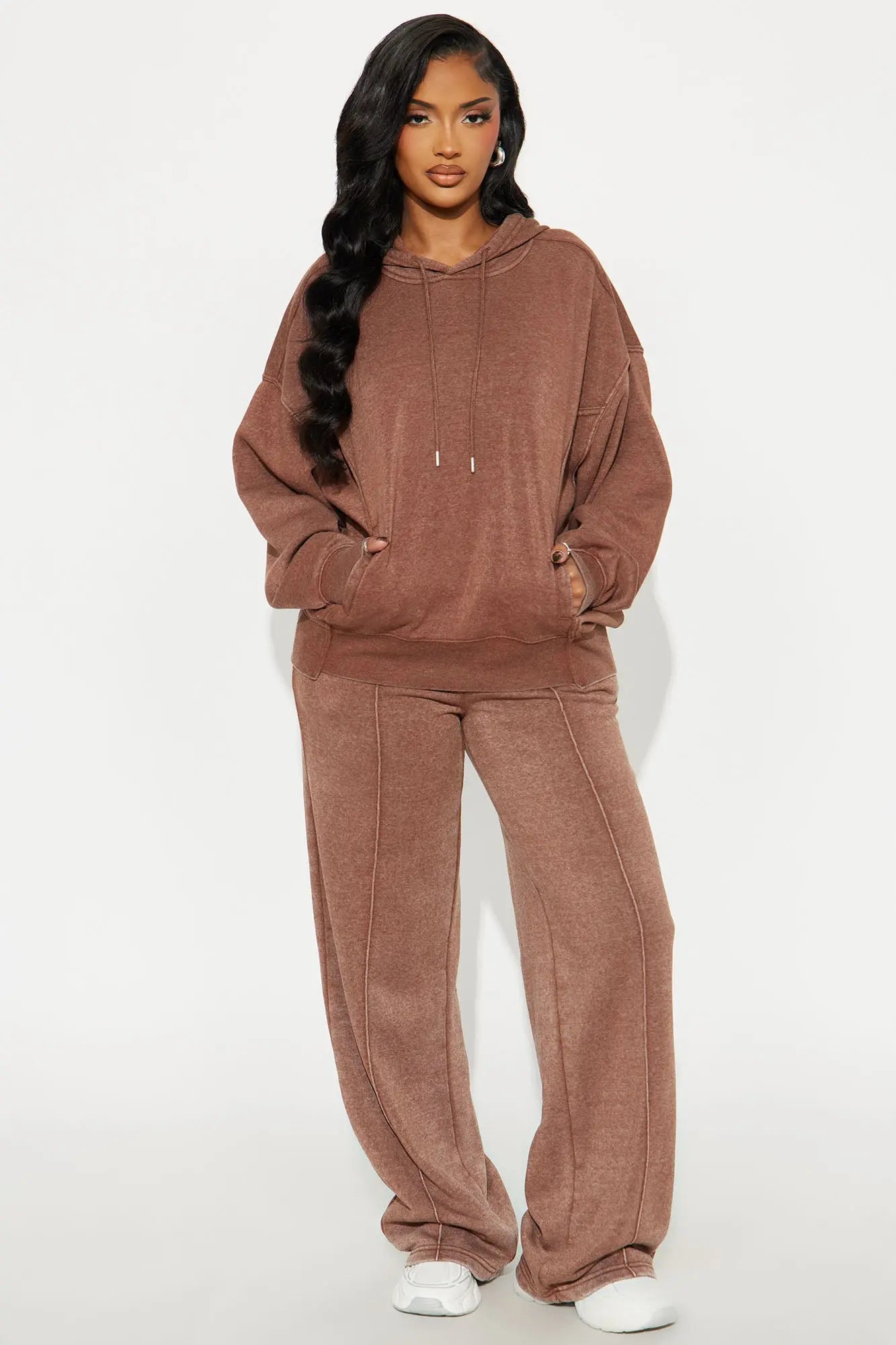Everyday Ease Washed Fleece Pant Set - Brown
