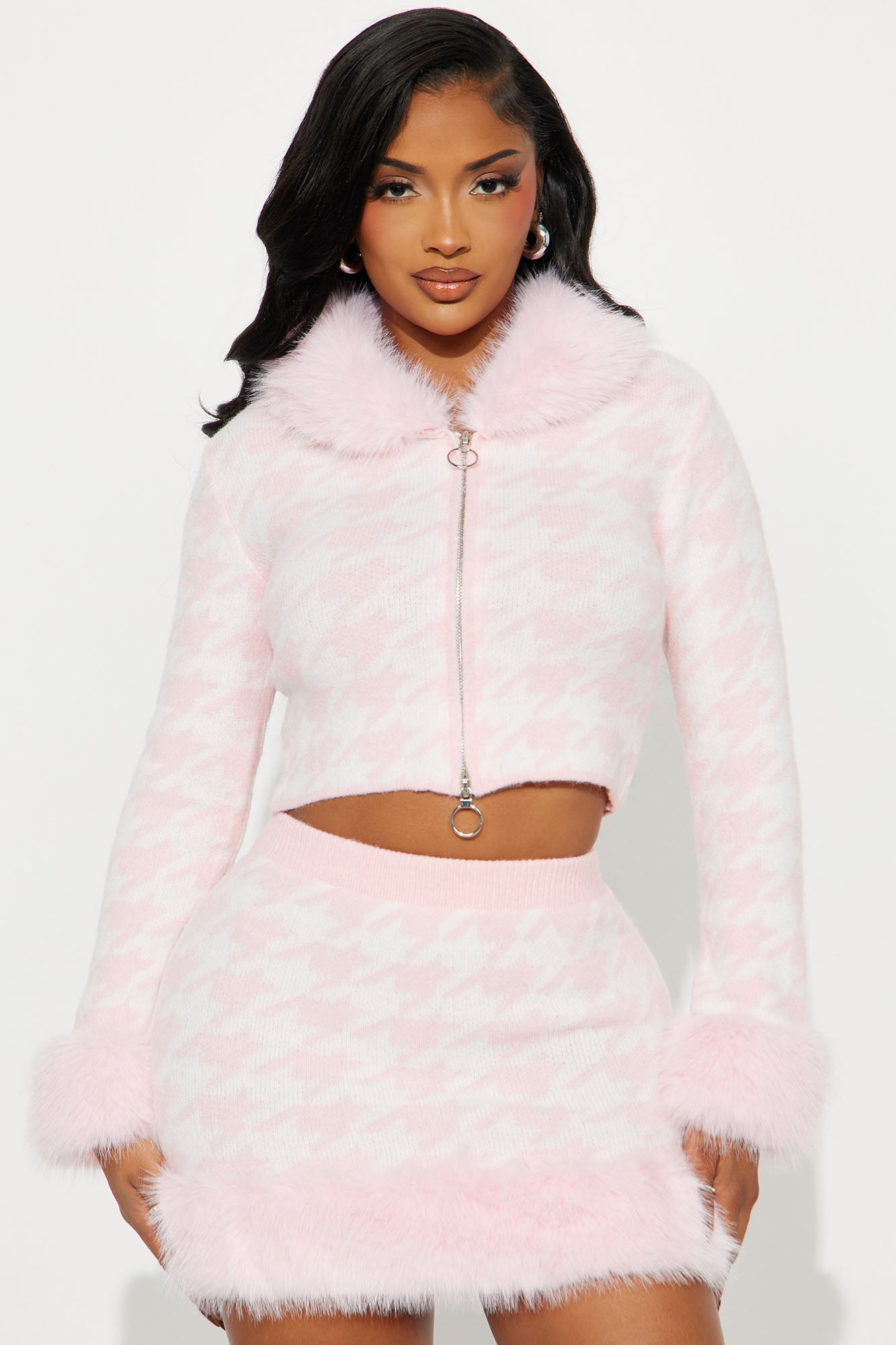 Cher Fur Trim Cardigan Sweater Skirt Set - Pink