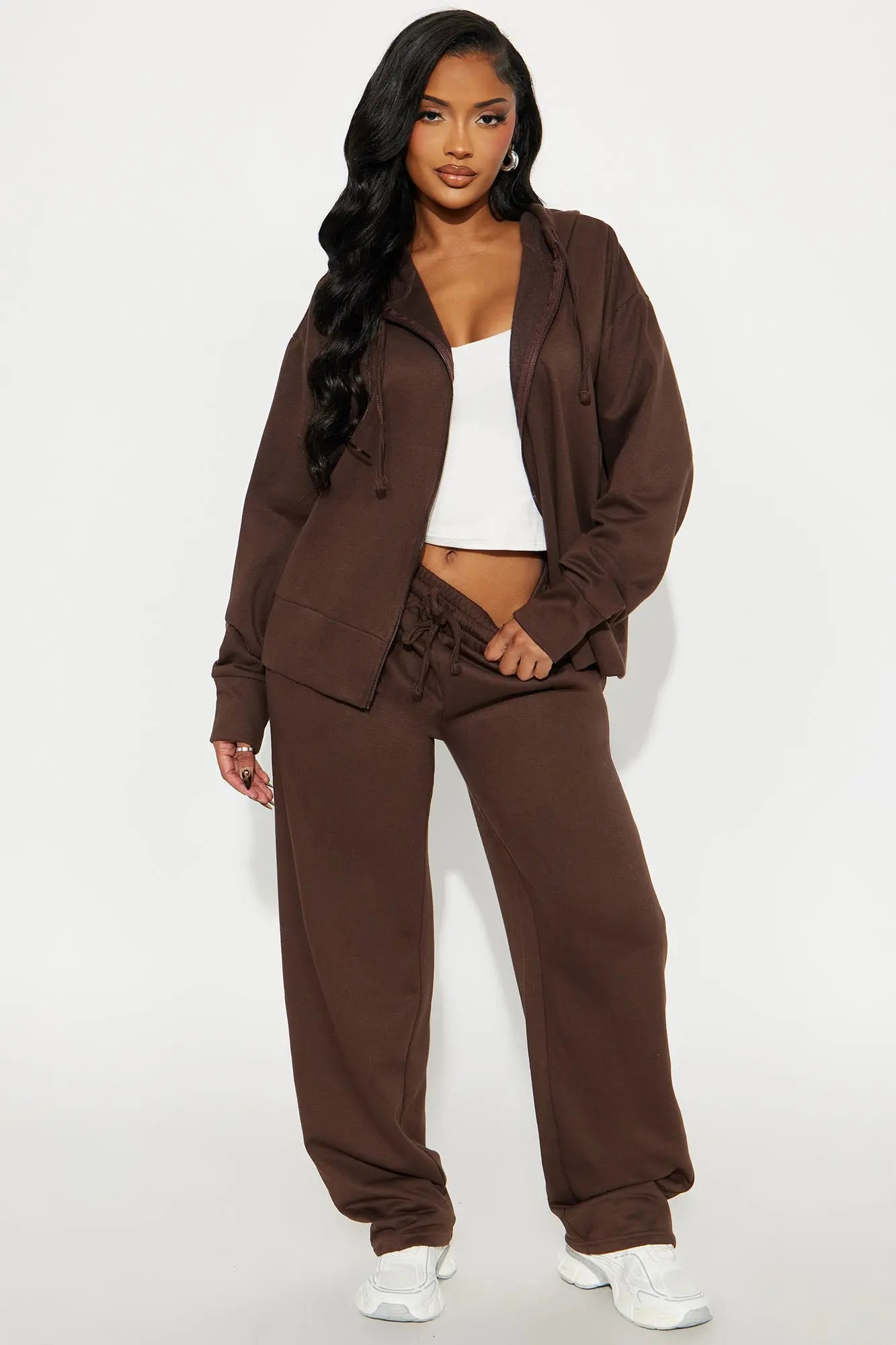 Brooke Oversized Zip Up Fleece Pant Set - Chocolate