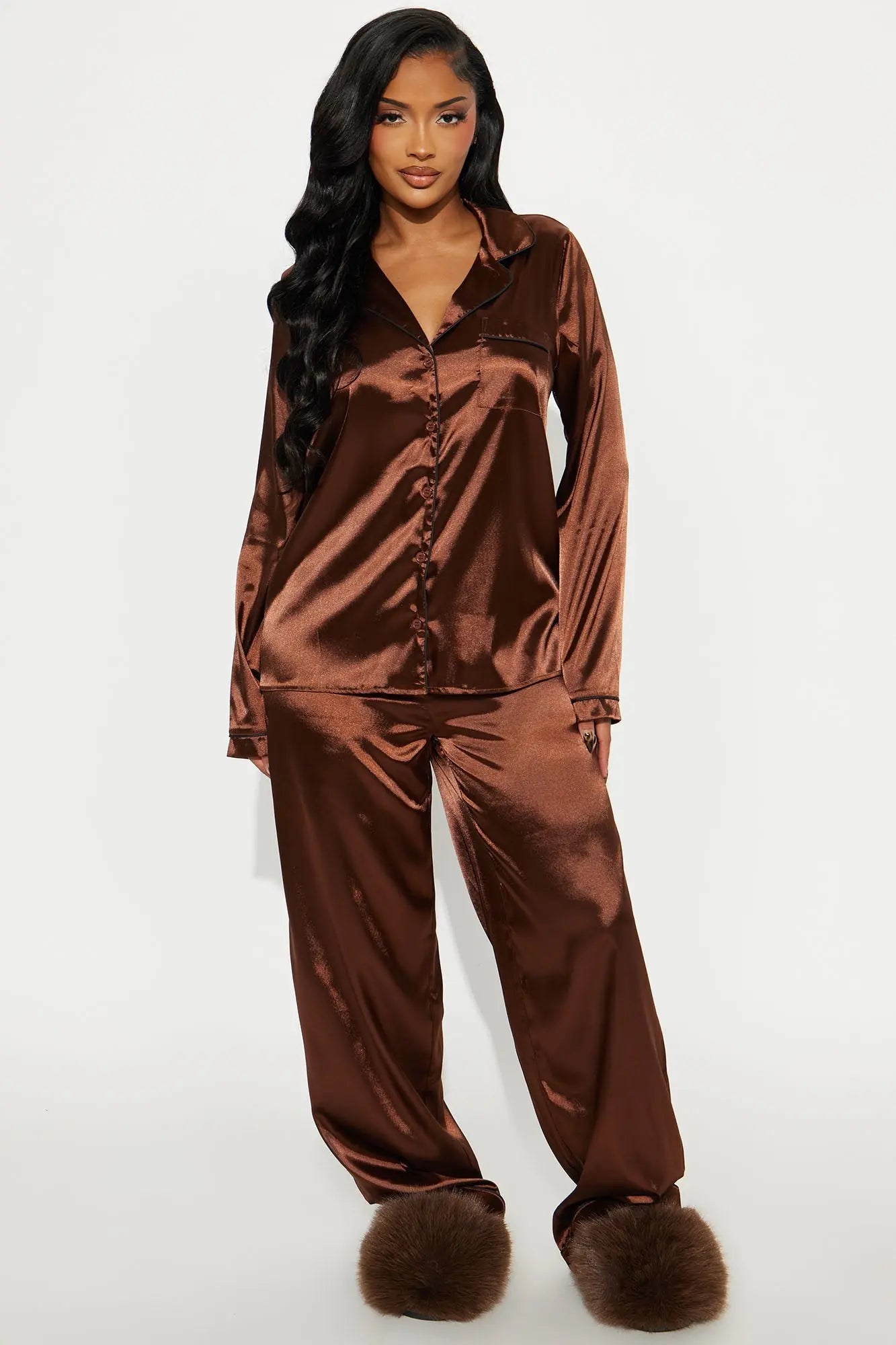 Bedtime Stretch Satin Long Sleeve PJ Pant Set - Chocolate