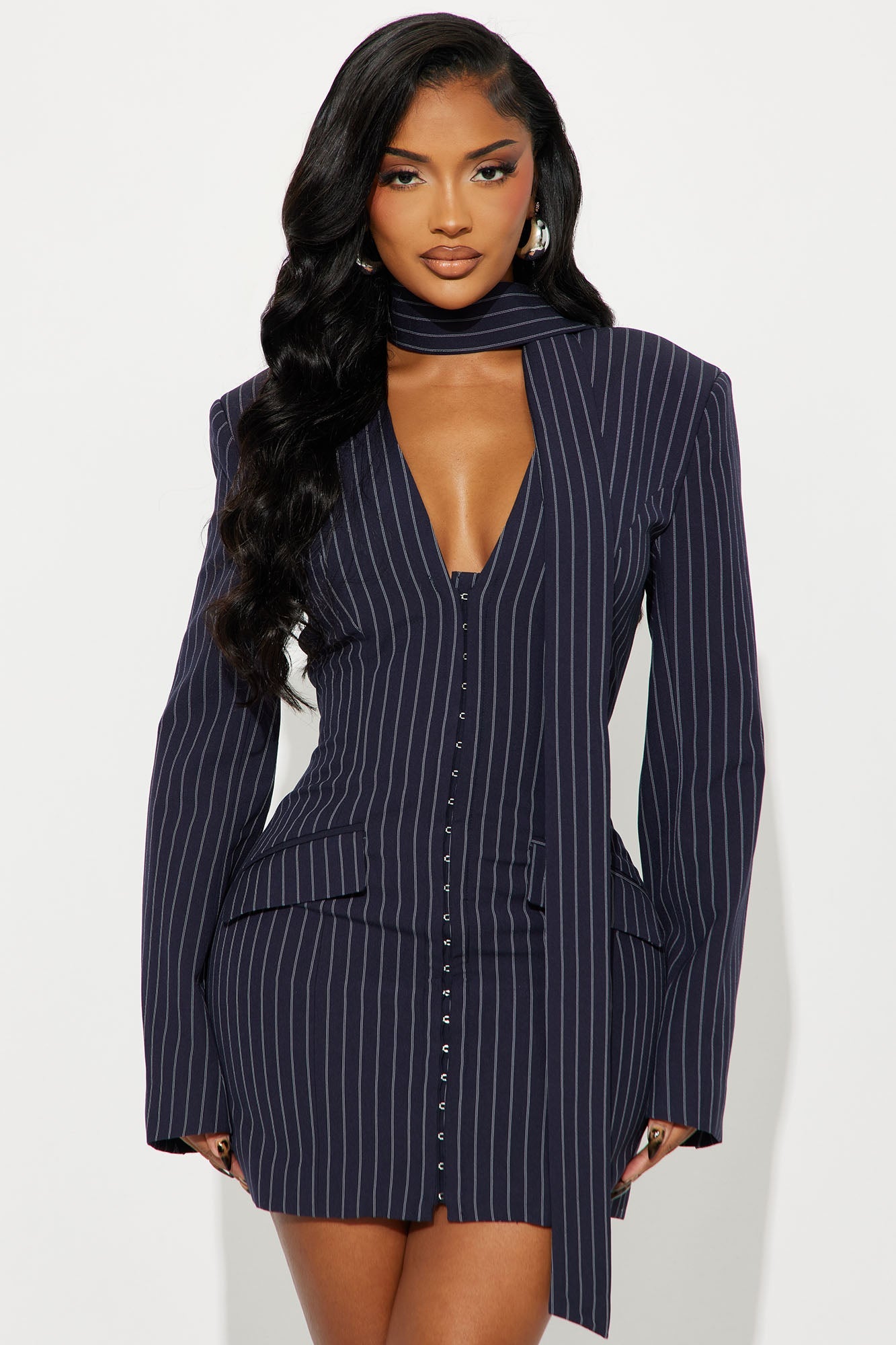Aniyah Pinstripe Blazer Mini Dress - Navy/combo