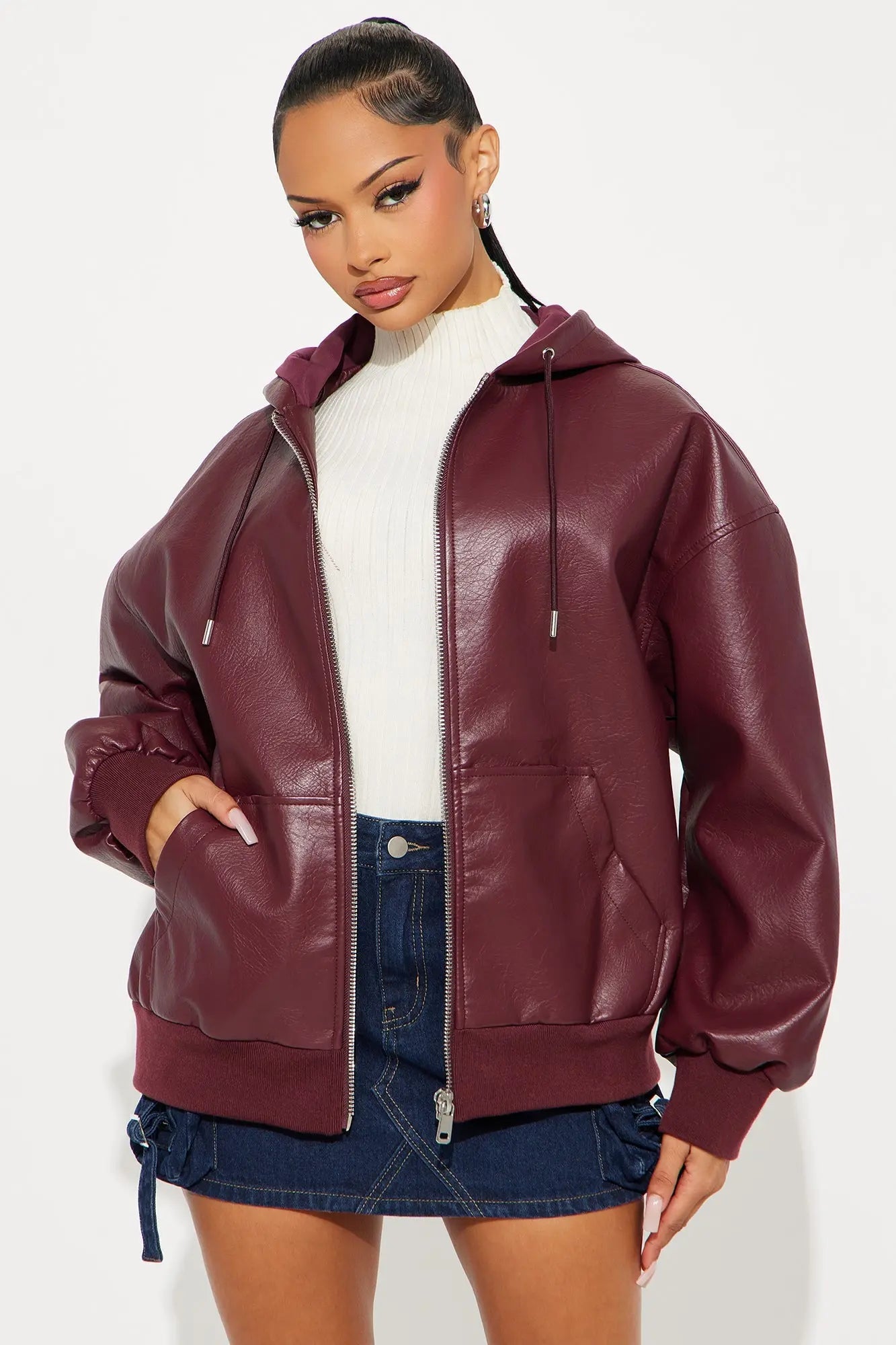 Alix Faux Leather Oversized Bomber Jacket - Burgundy