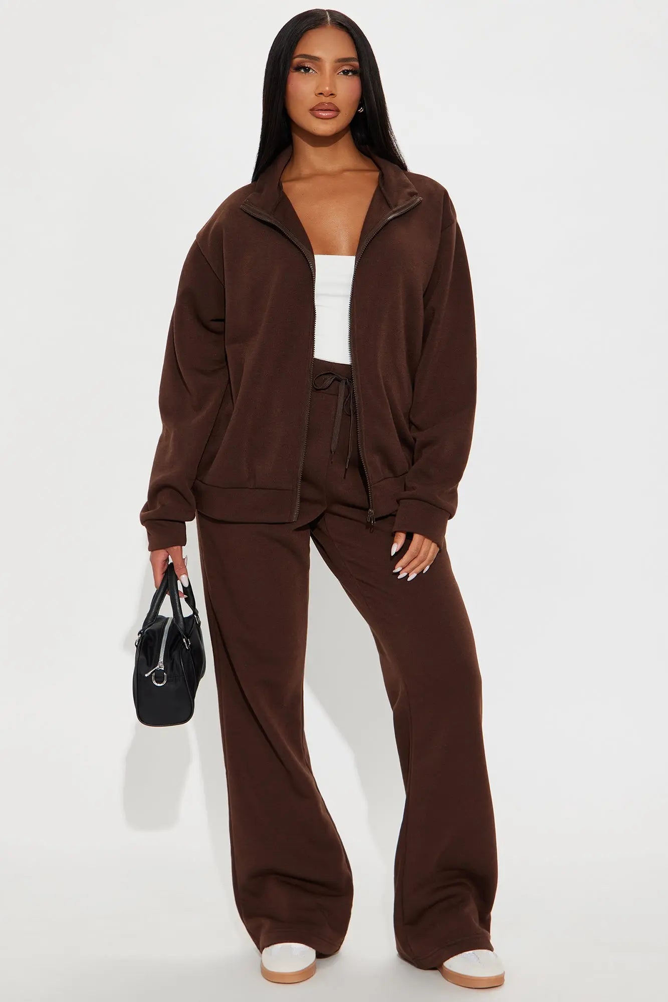 Demi Zip Up Fleece Pant Set - Chocolate
