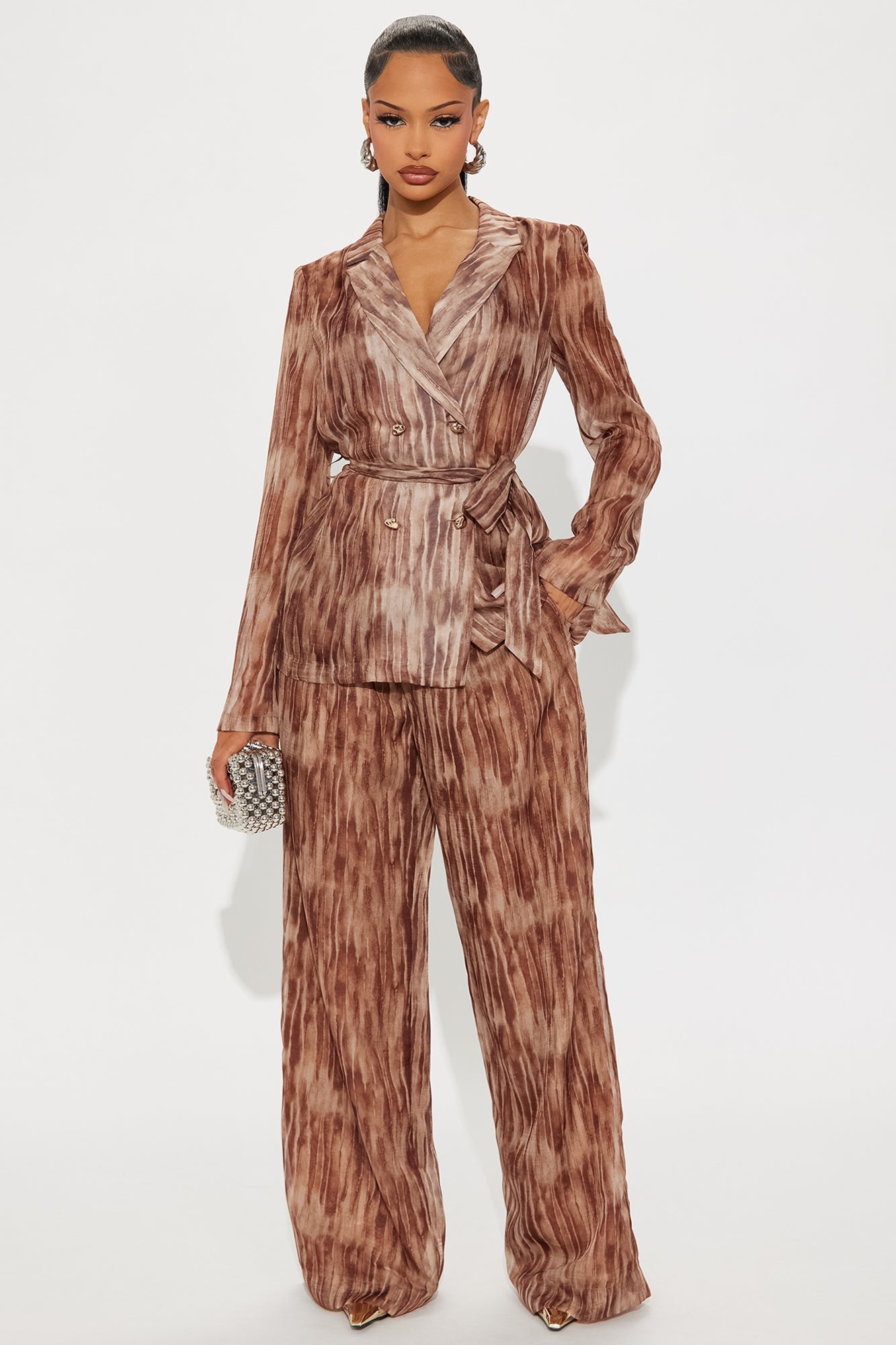 Grace Sheer Blazer Pant Set - Brown/combo