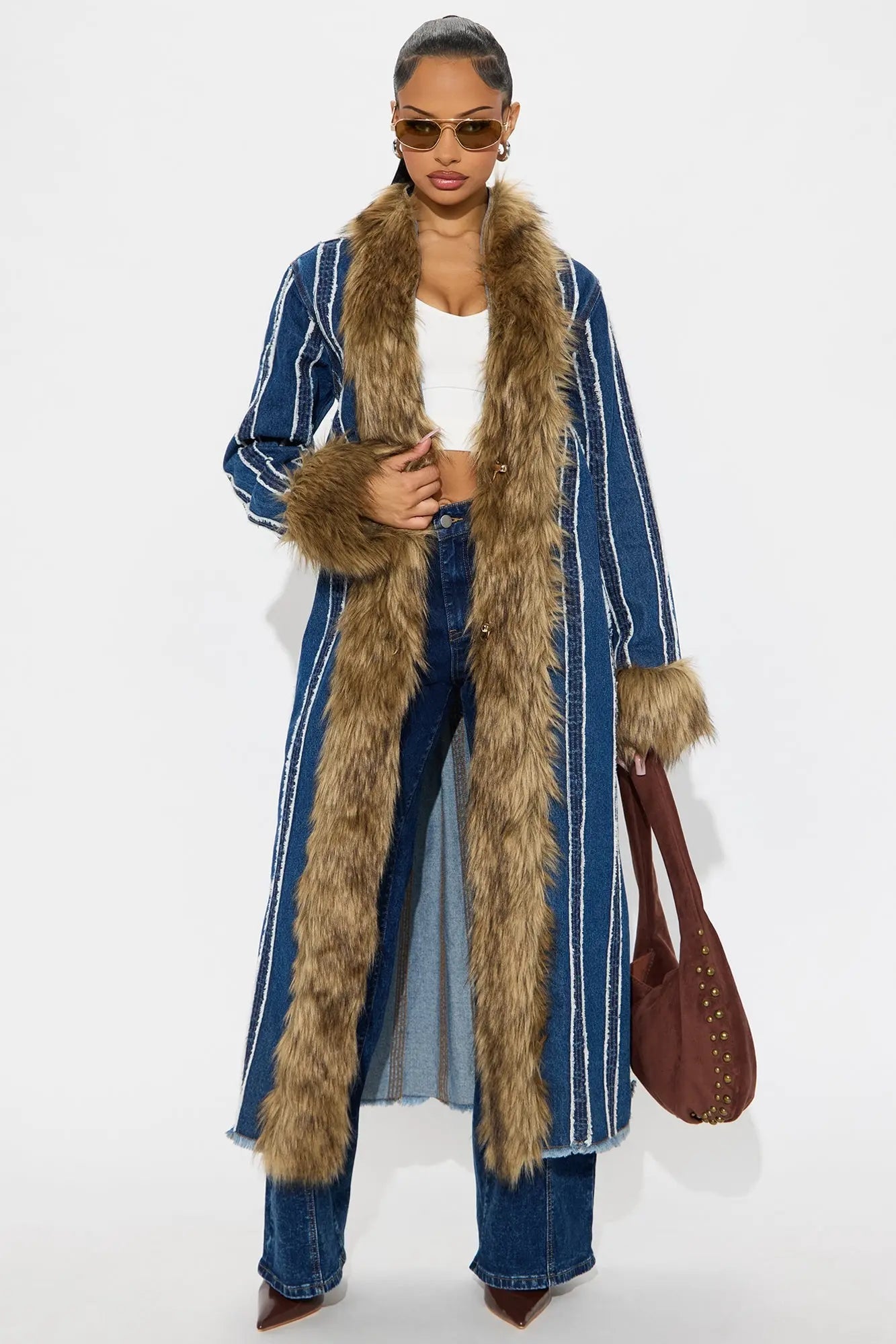Uptown Faux Fur Denim Coat - Medium Wash