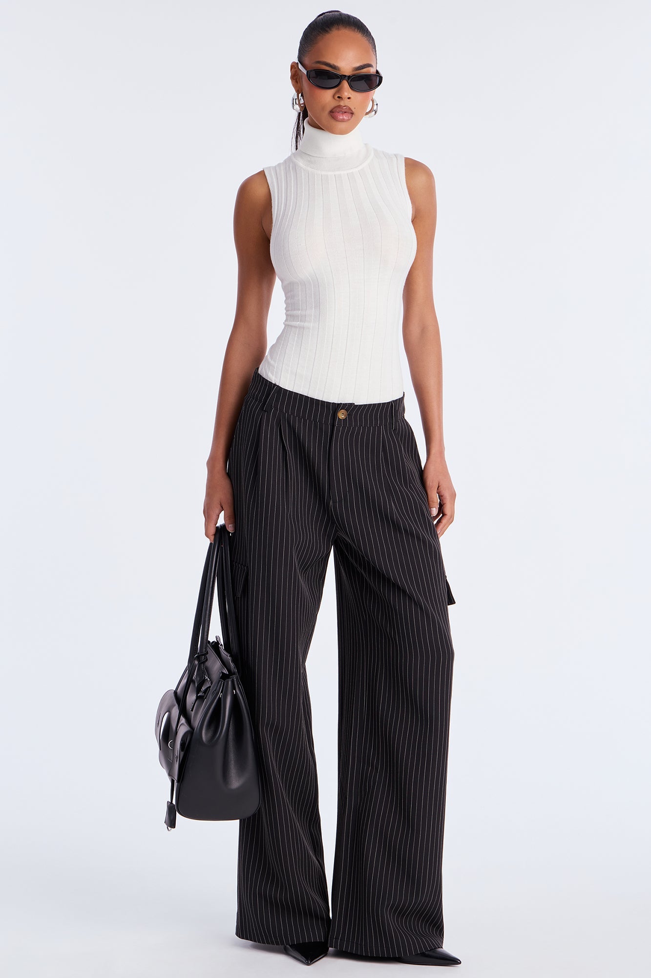 Atiya Pinstripe Wide Leg Cargo Pant 32″ - Black/White