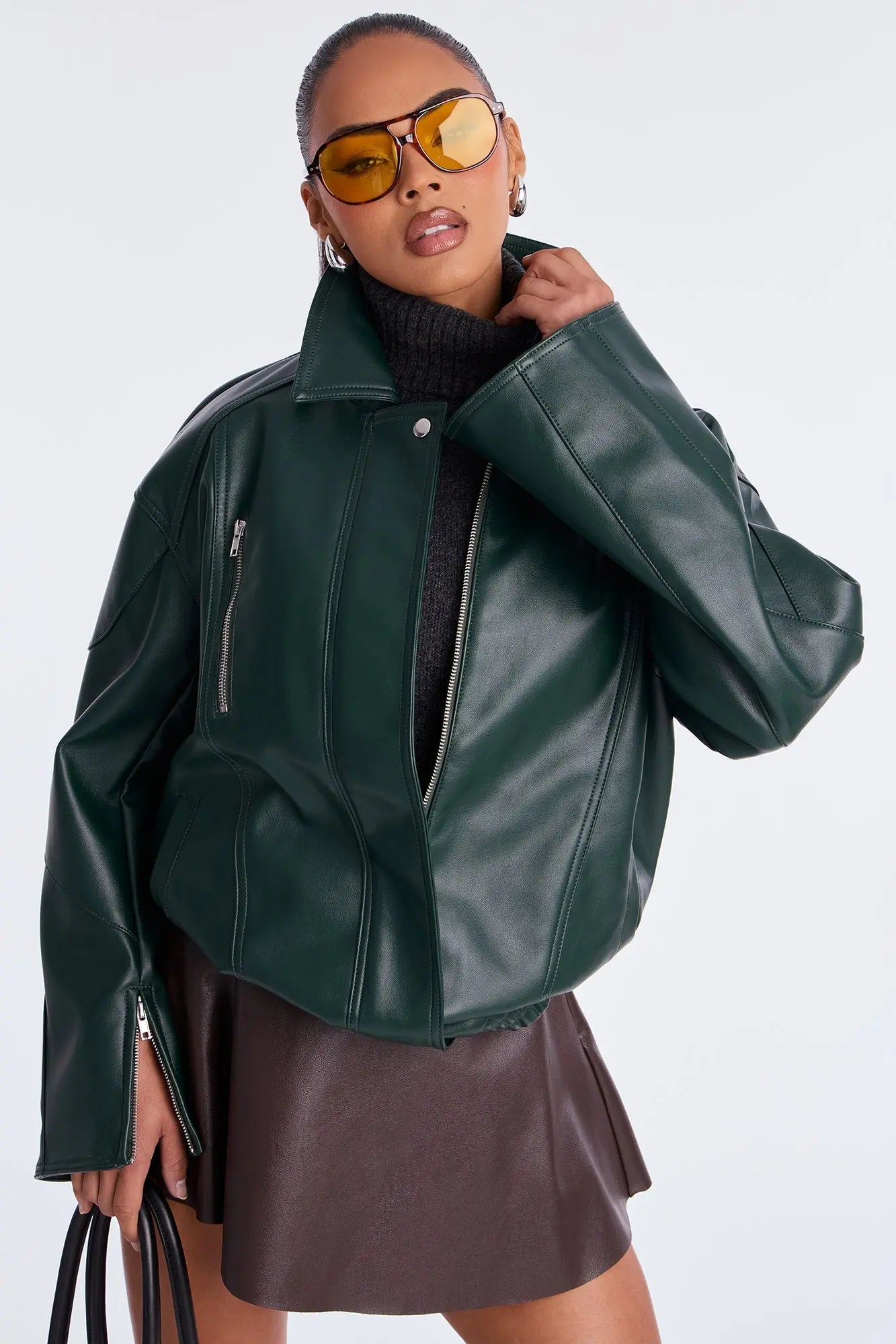 More To Come Faux Leather Bomber Jacket - Hunter