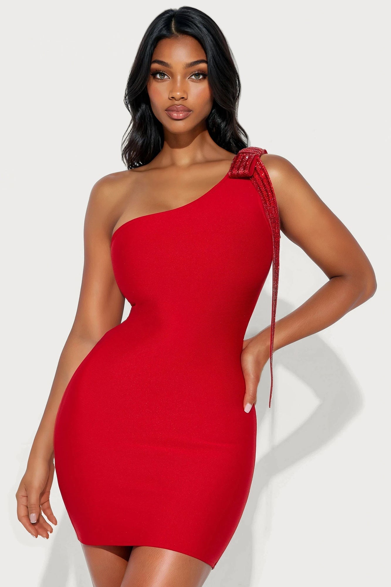 Annelise One Shoulder Bandage Mini Dress - Red
