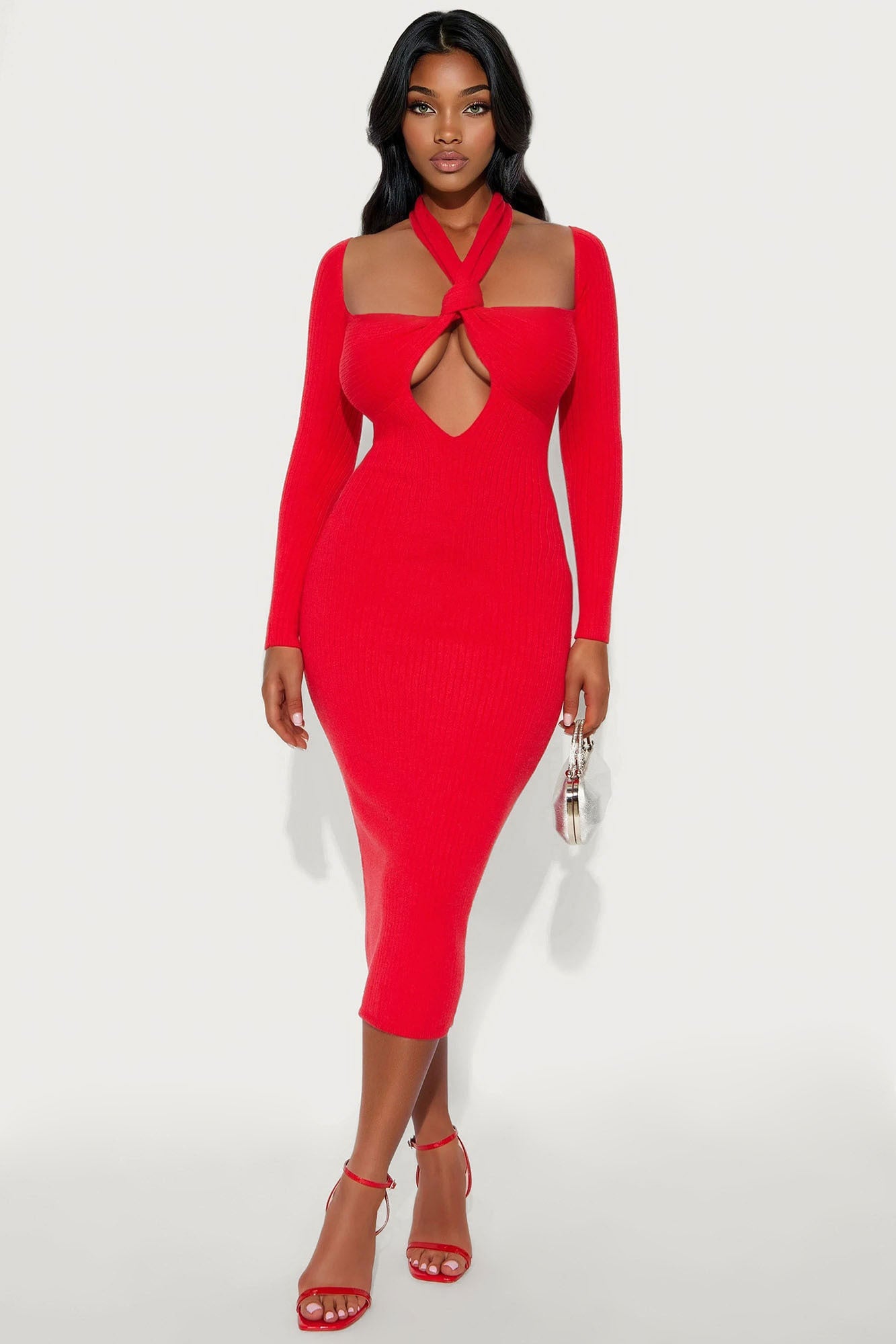 Liana Knot Sweater Midi Dress - Red