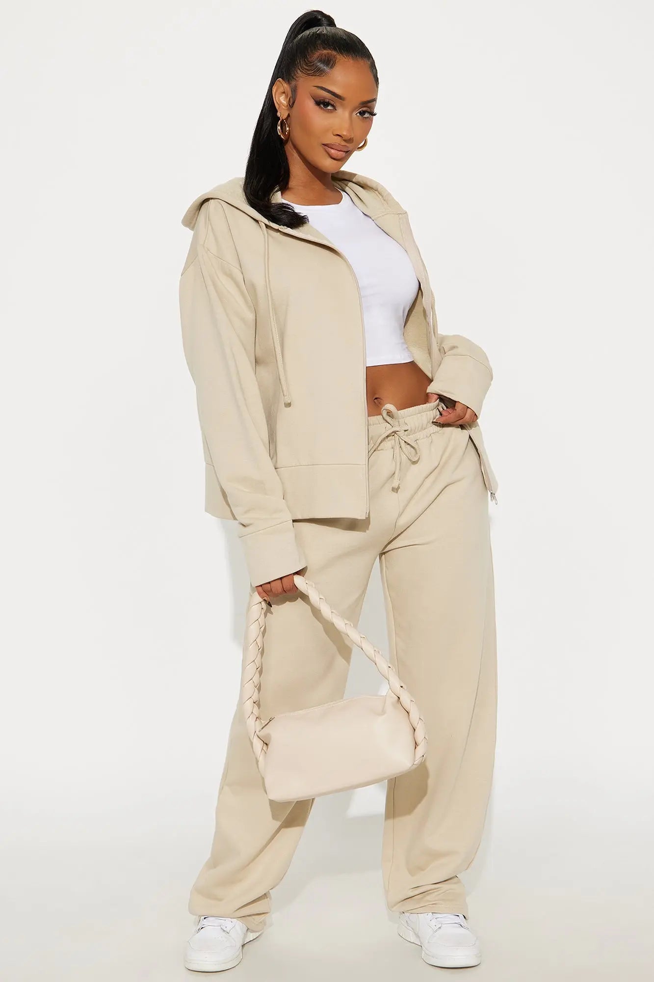 Brooke Oversized Zip Up Fleece Pant Set - Stone