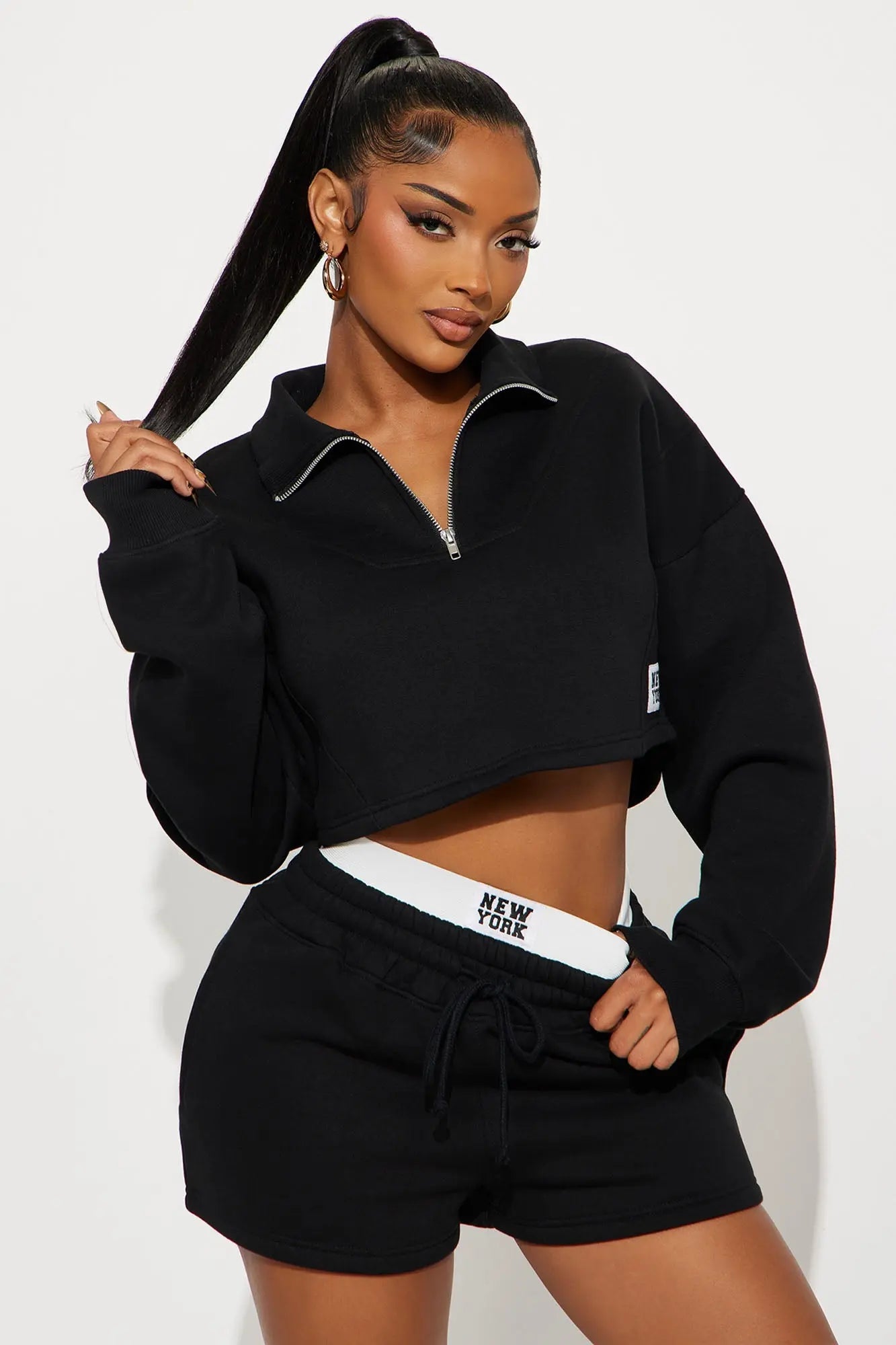 Urban Pulse Quarter Zip Fleece Short Set - Black