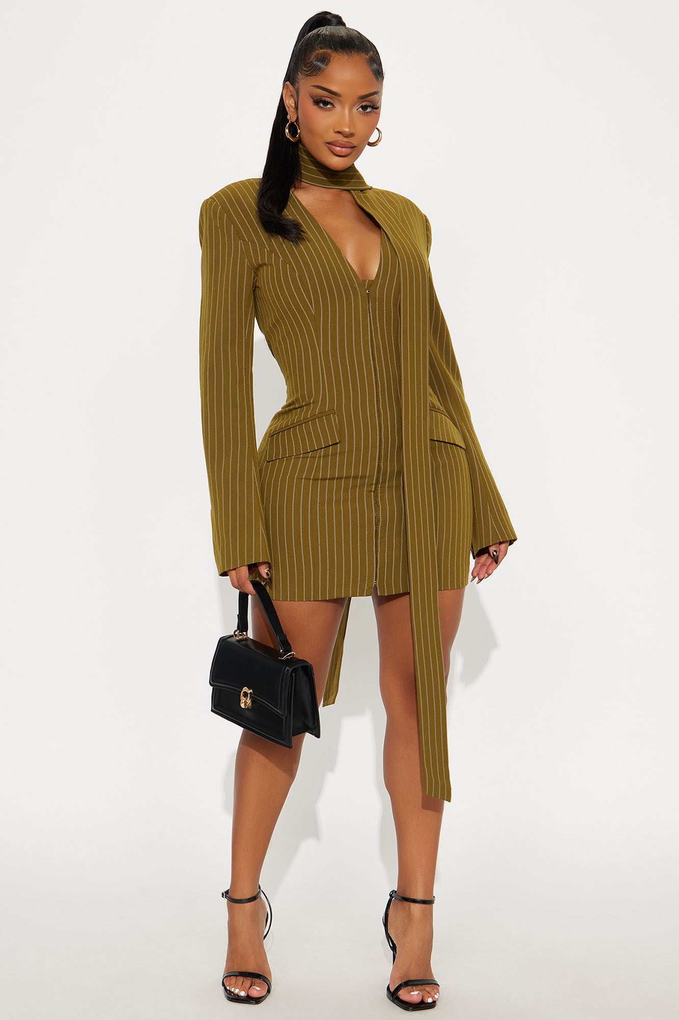 Aniyah Pinstripe Blazer Mini Dress - Olive/combo