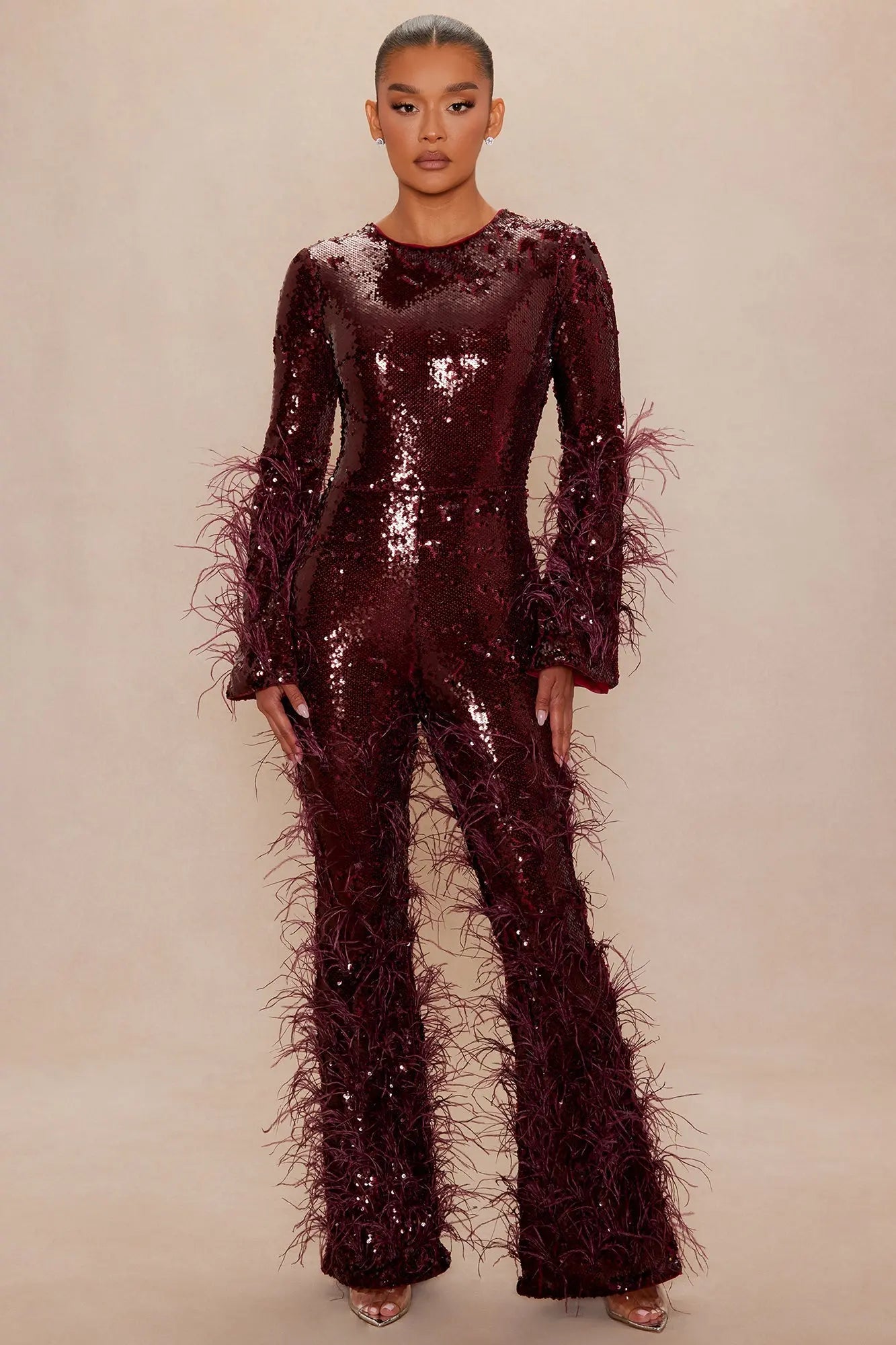 Disco Nights Sequin Jumpsuit - Burgundy