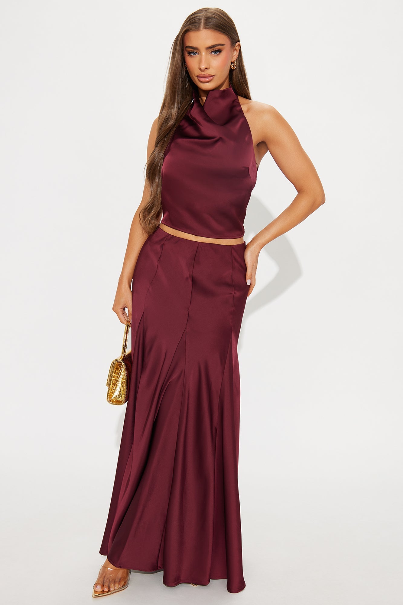 Elegant Hour Satin Halter Maxi Skirt Set - Wine