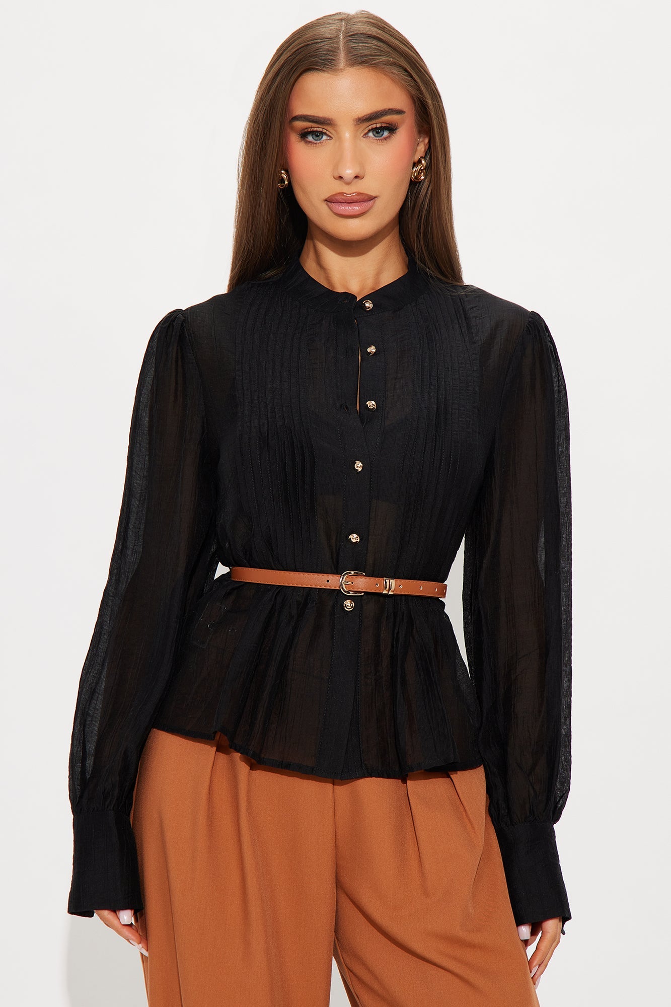 Helena Pleated Belted Shirt - Black