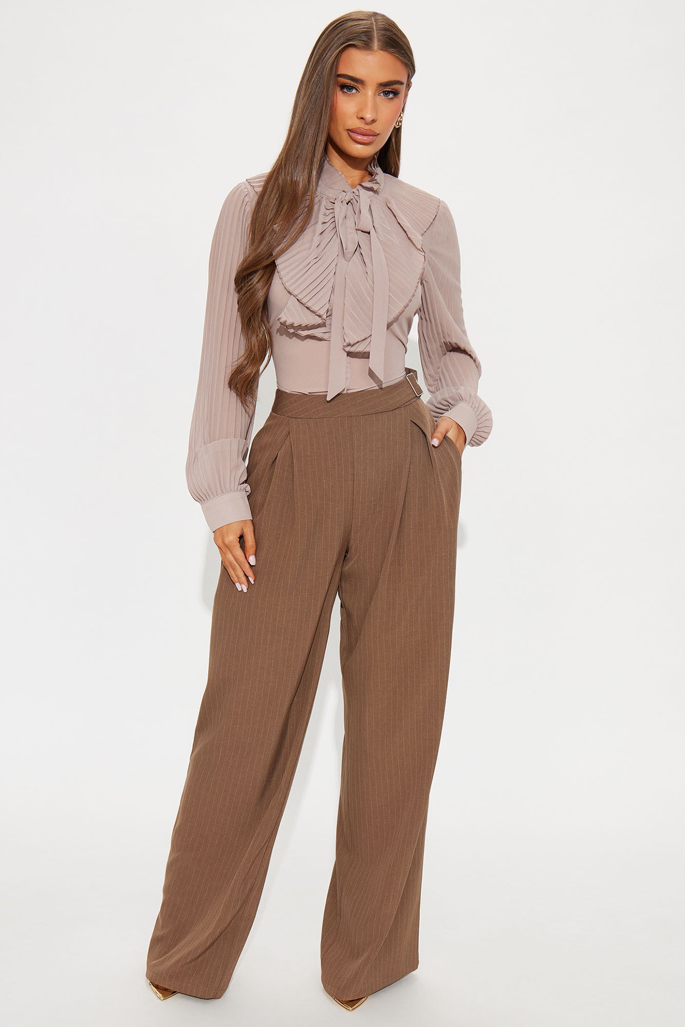 Alrina Crepe Woven Pinstripe Trouser Pant 33 - Mocha/combo