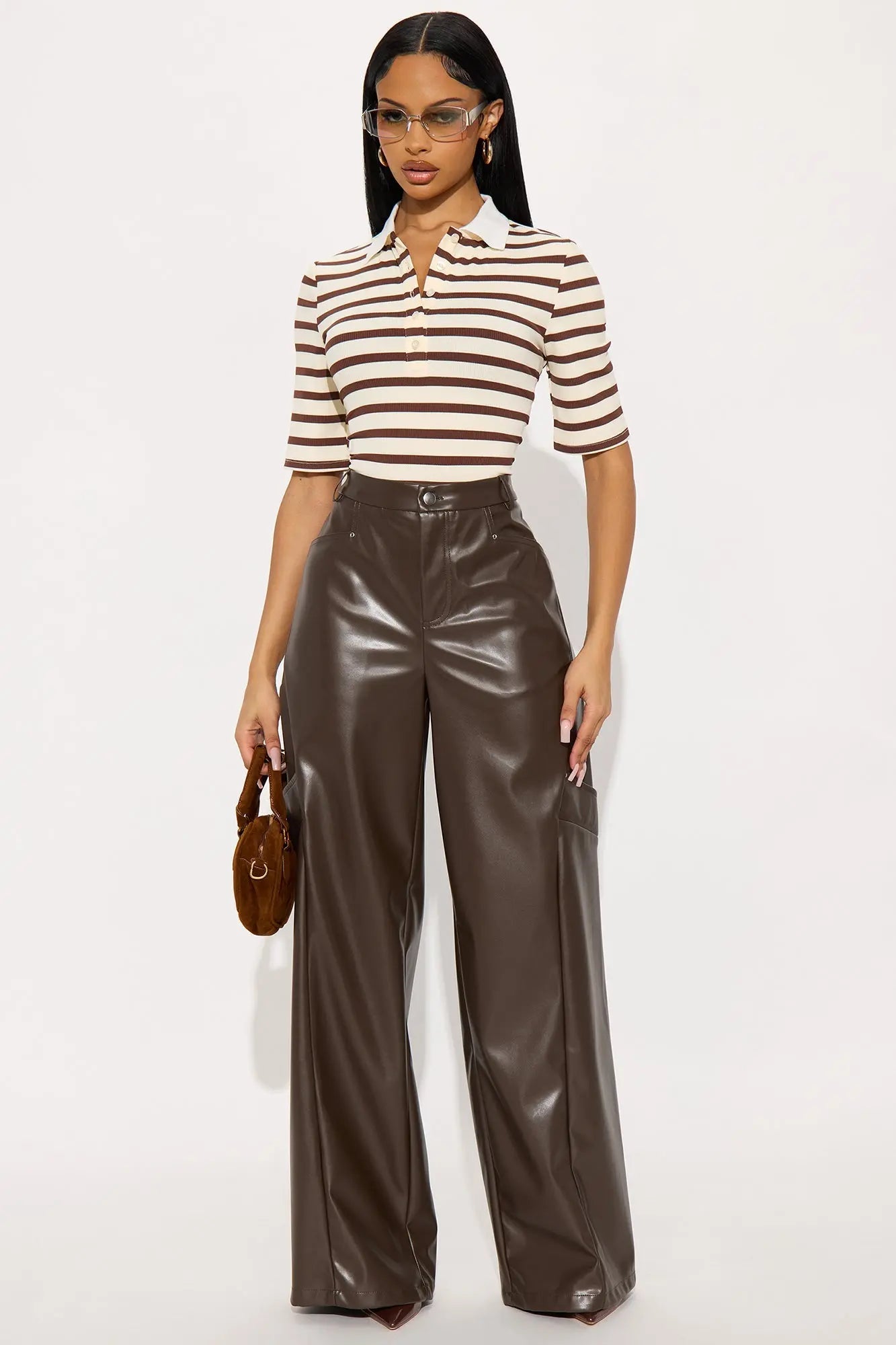 Cara Faux Leather Wide Leg Pant 33 - Brown