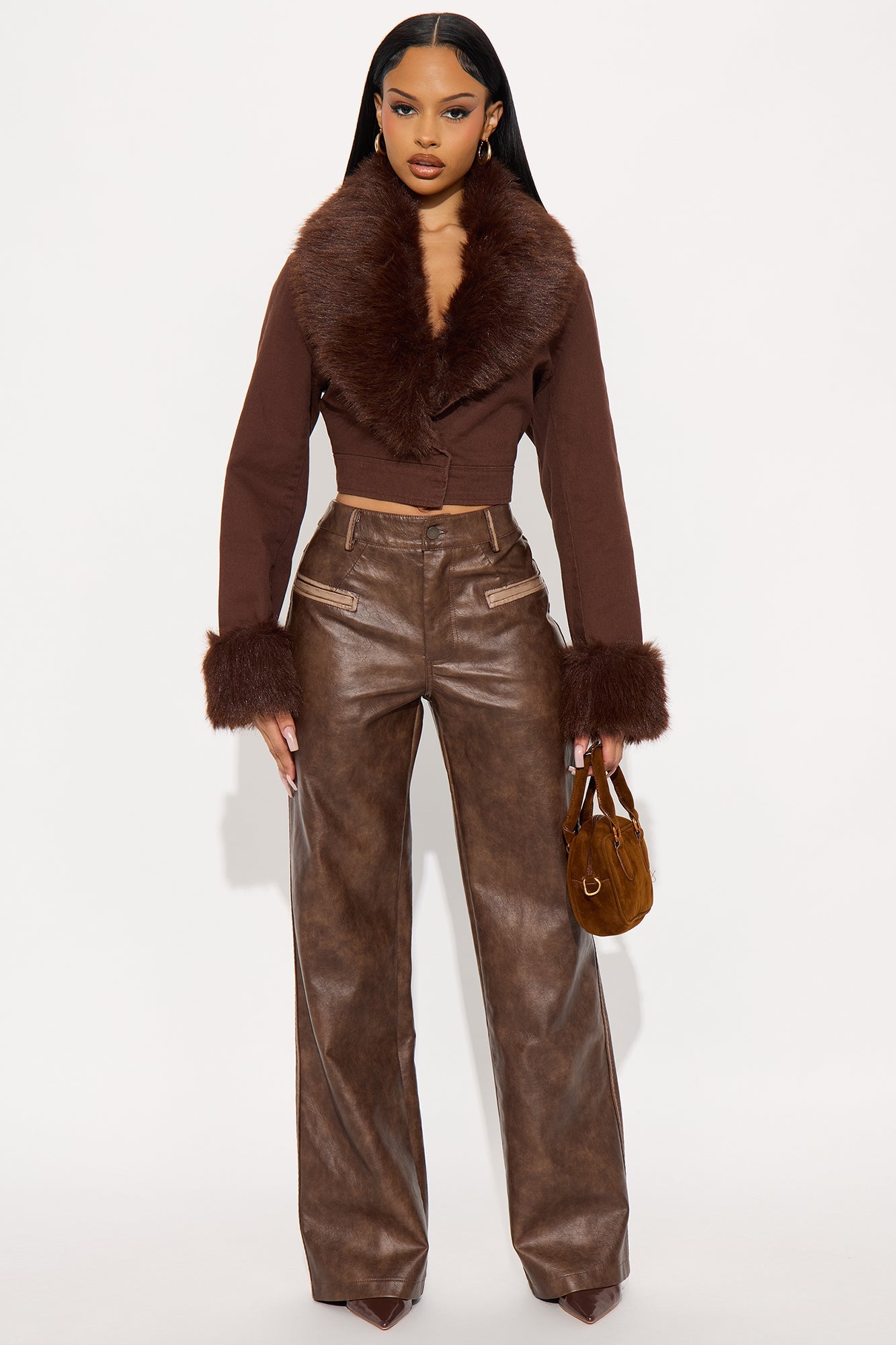 Kalene Washed Faux Leather Wide Leg Pant 33 - Brown