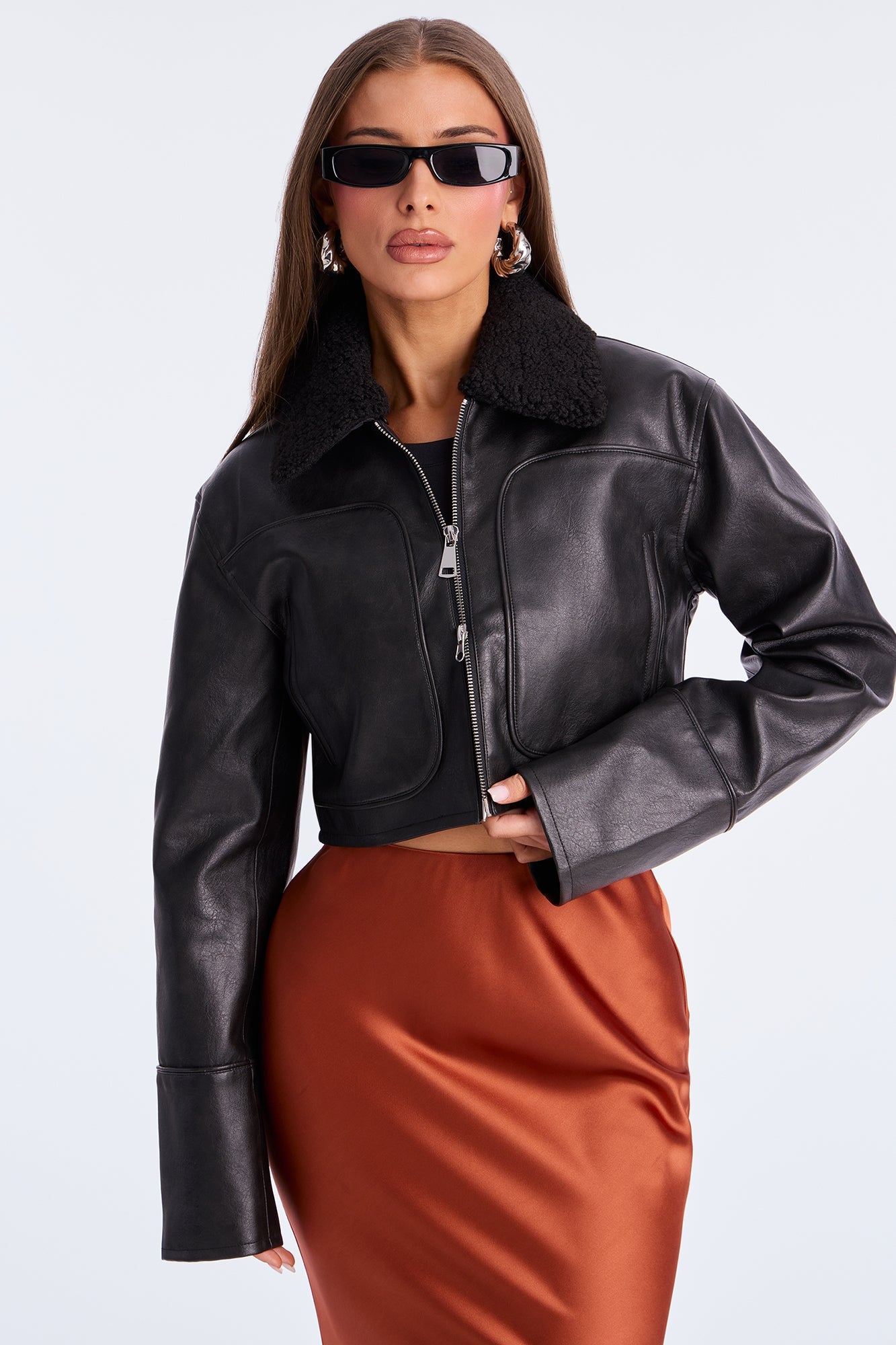 Fly High Faux Leather Cropped Jacket - Black