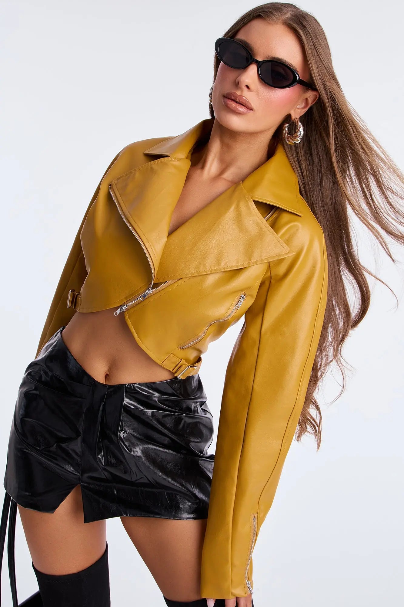 Like A Pro Cropped Faux Leather Moto Jacket - Mustard