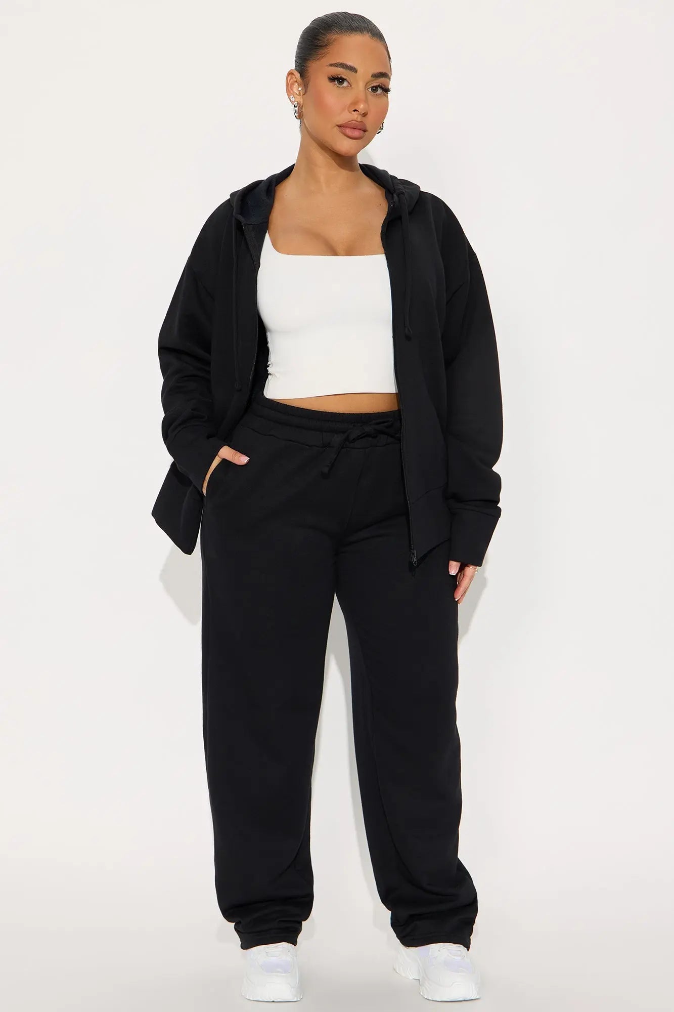 Brooke Oversized Zip Up Fleece Pant Set - Black