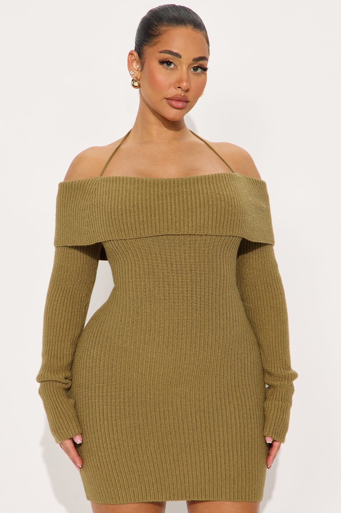 Hannah Open Back Sweater Mini Dress - Olive