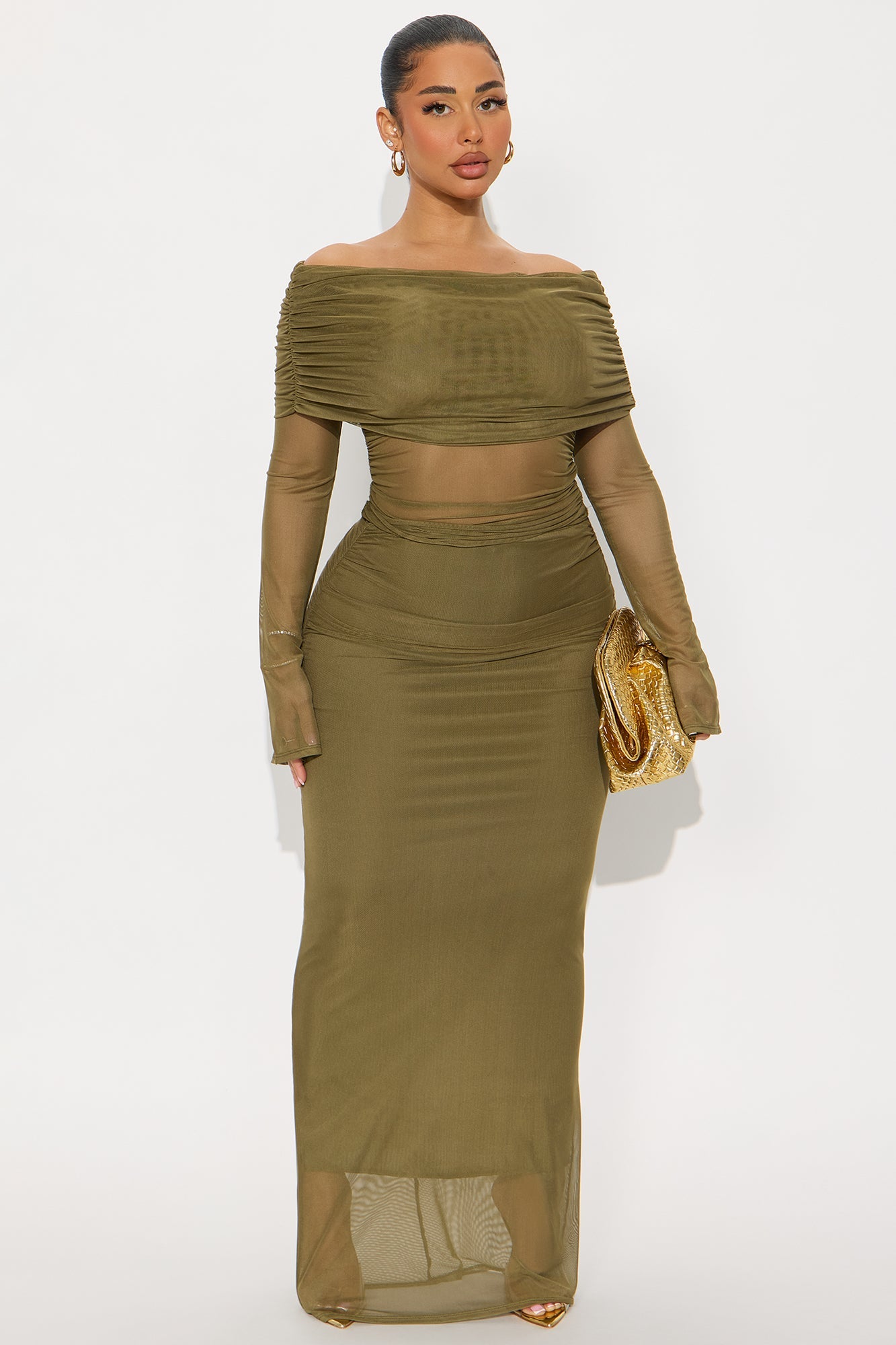 Just In Time Mesh Off Shoulder Maxi Skirt Set - Olive