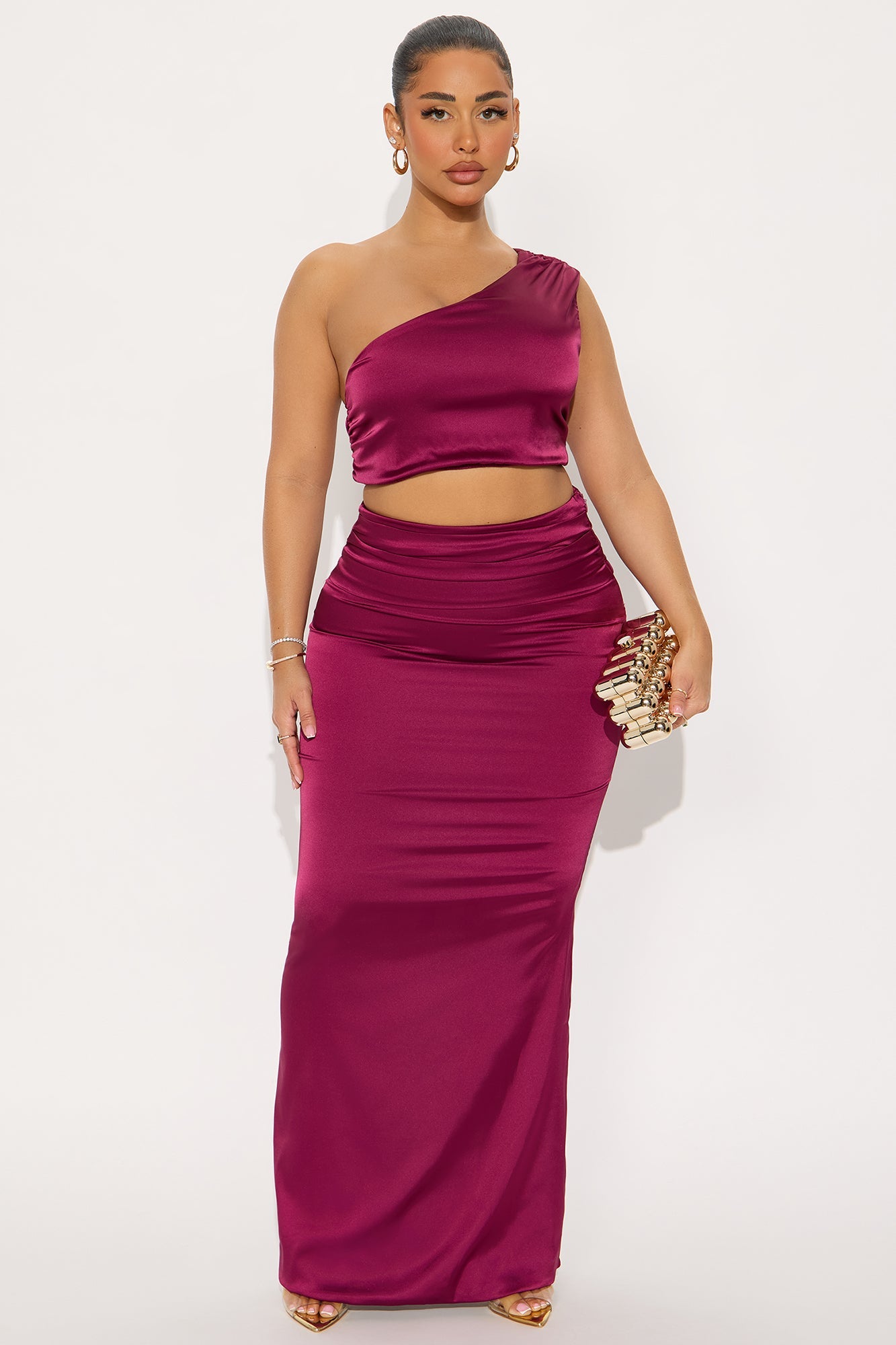 Catalina Satin One Shoulder Maxi Skirt Set - Plum