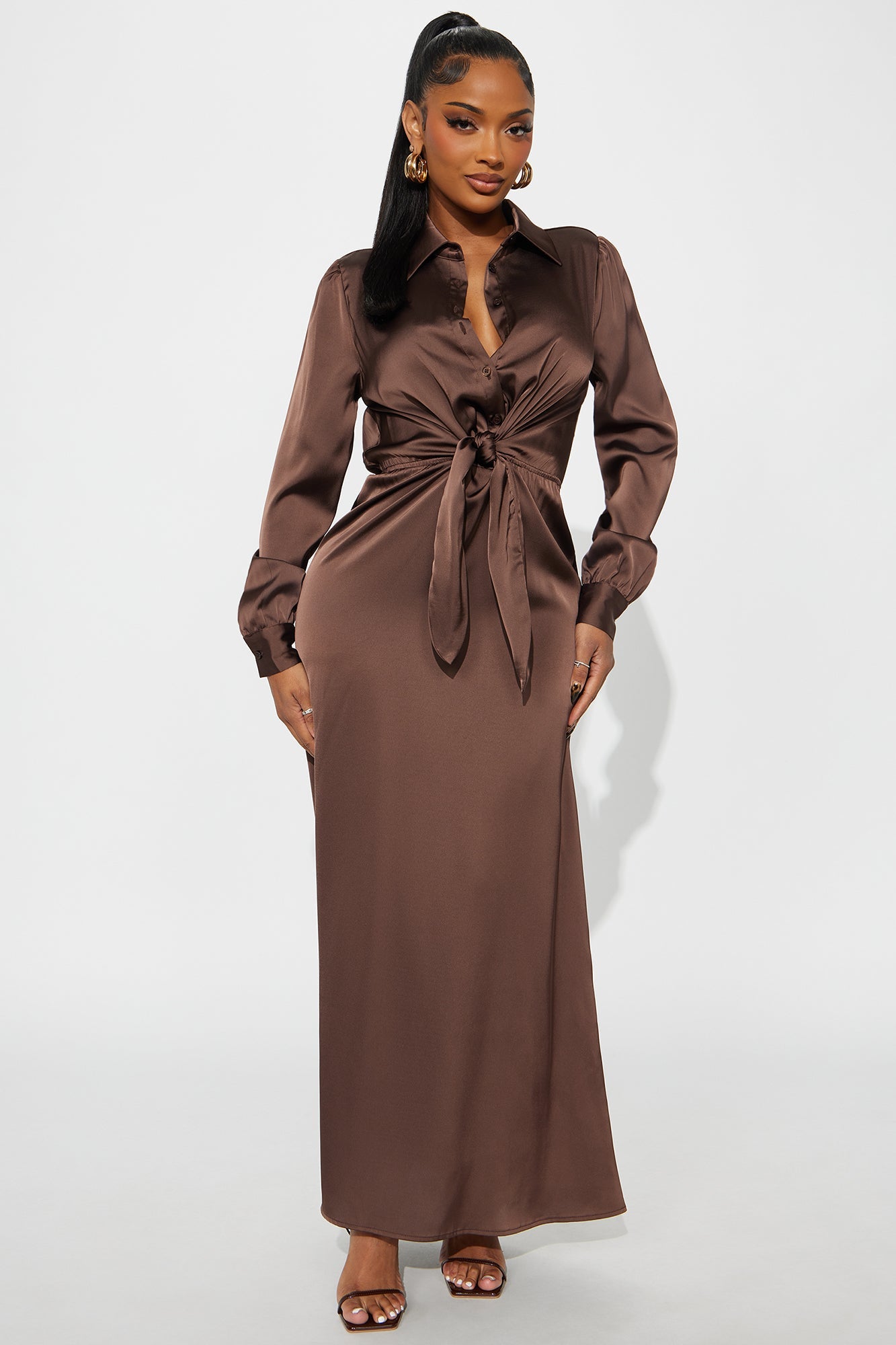 Naraya Collared Satin Maxi Shirt Dress - Chocolate