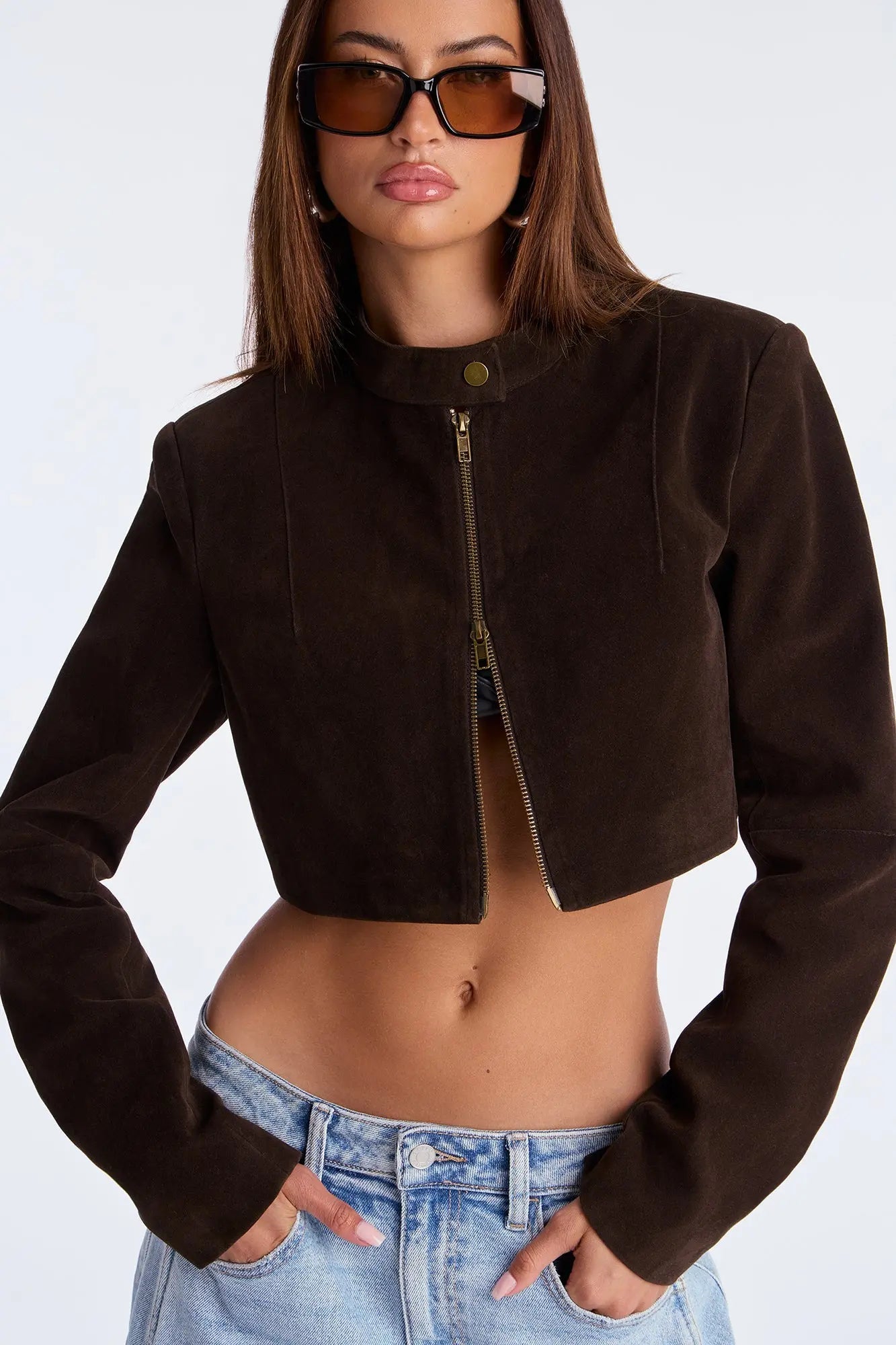 Blake Cropped Faux Suede Moto Jacket - Chocolate