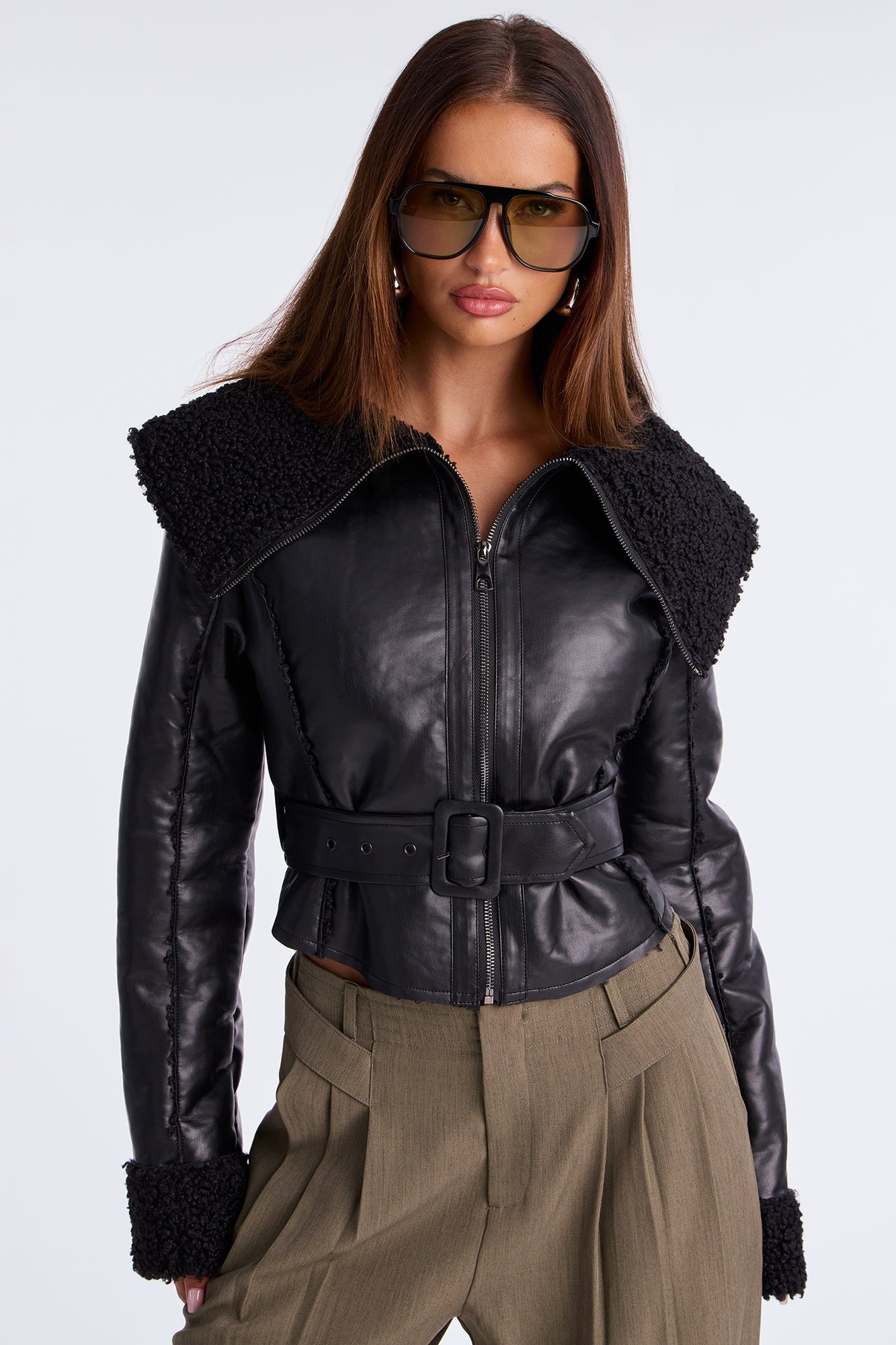 Paloma Faux Leather Sherpa Lined Coat - Black