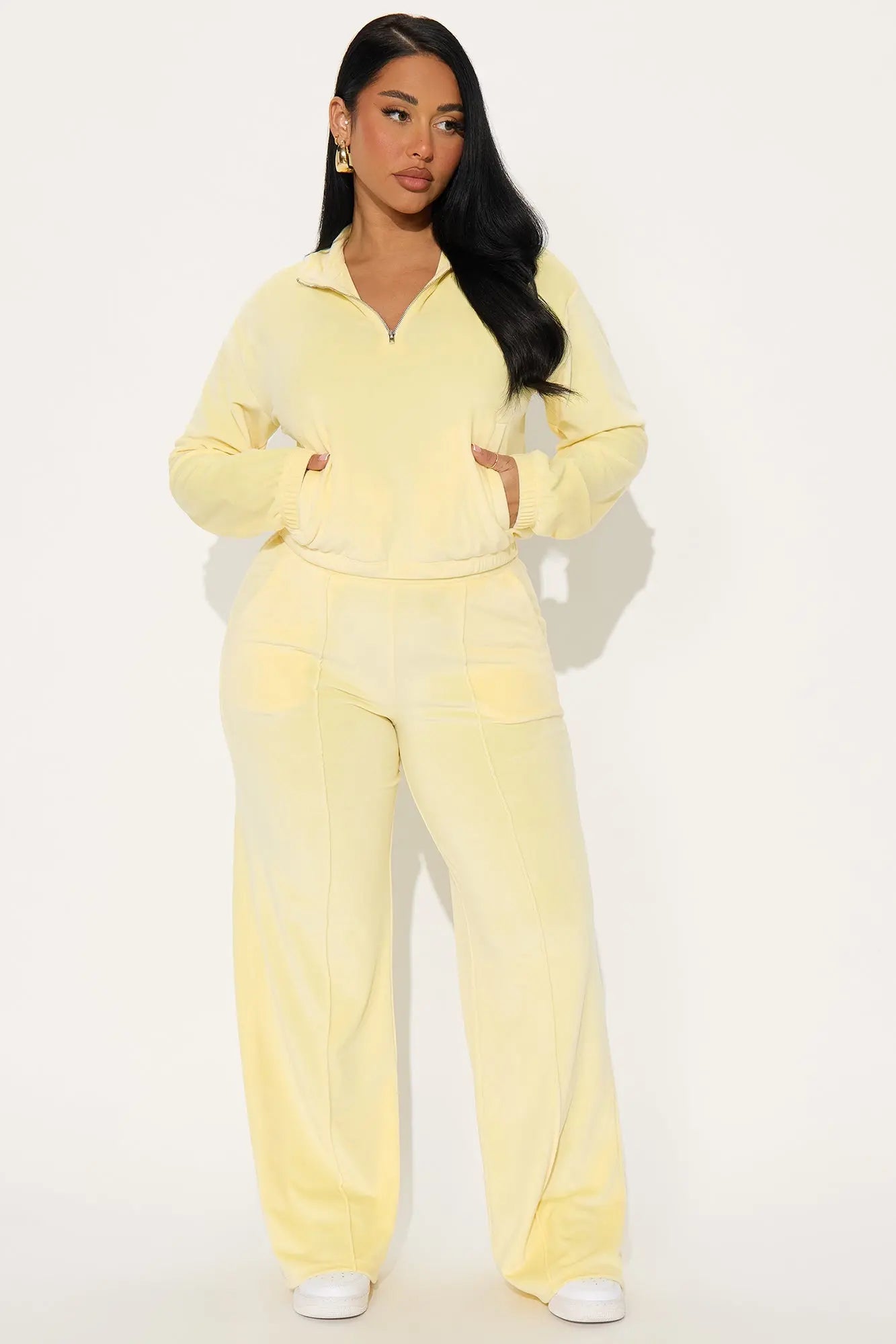 Pause For Now Quarter Zip Velour Pant Set - Yellow