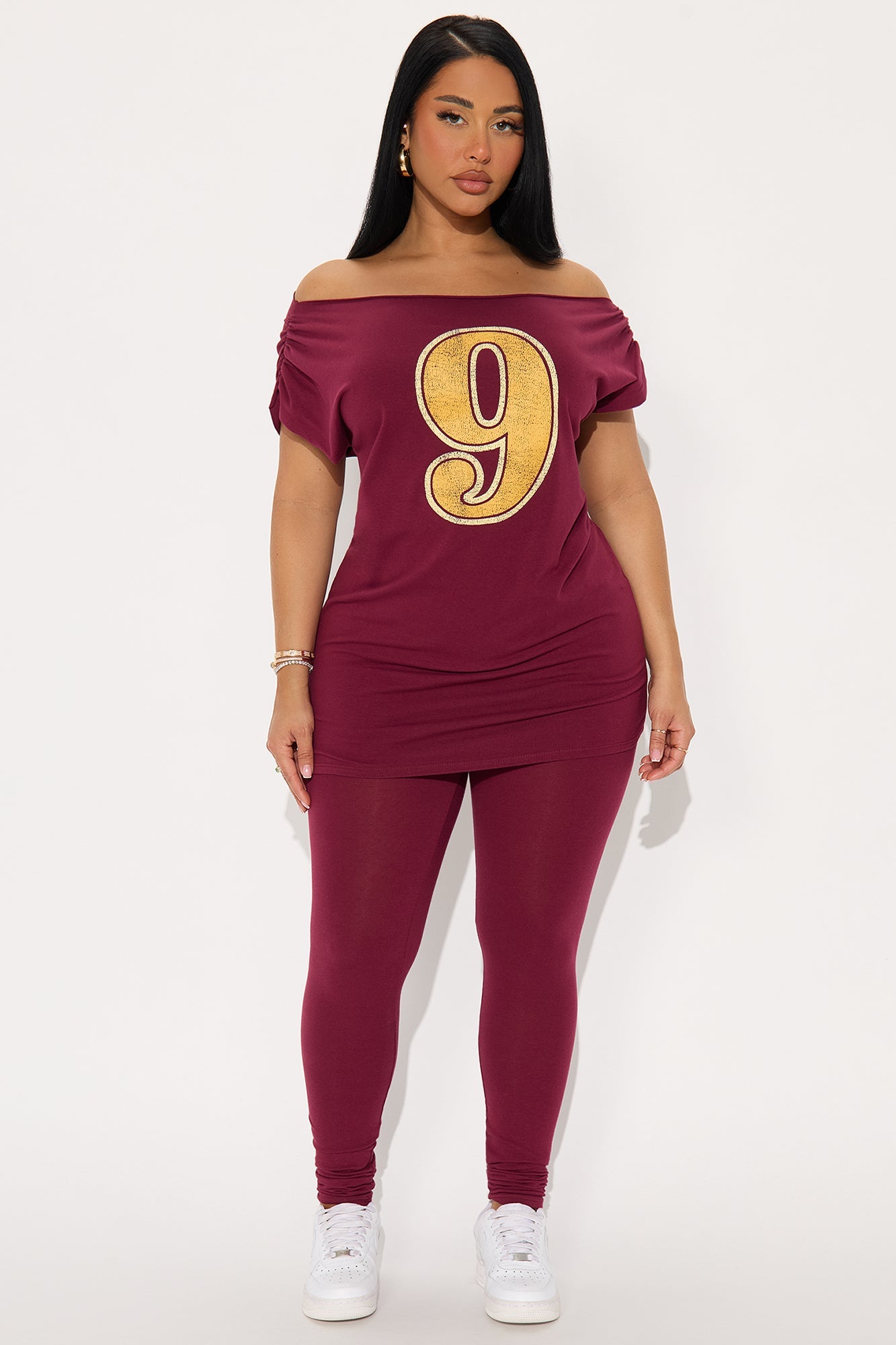 She Scores Off Shoulder Legging Set - Burgundy