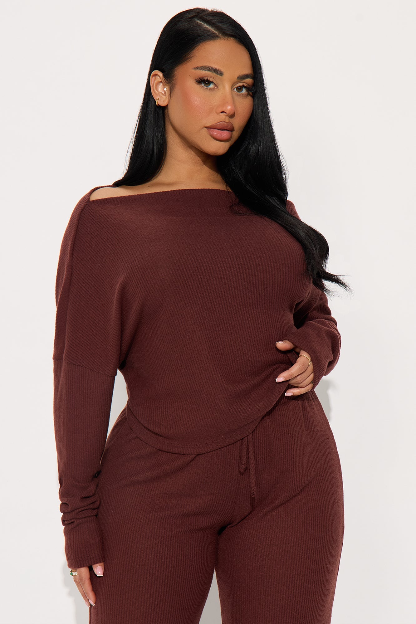 Fall Vibes Cozy Off Shoulder Pant Set - Brown