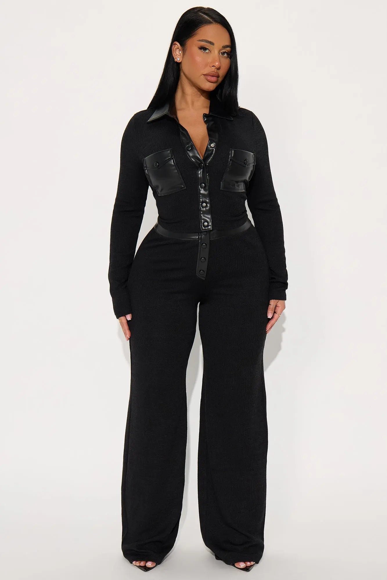 Elonna Faux Leather Trim Pant Set - Black