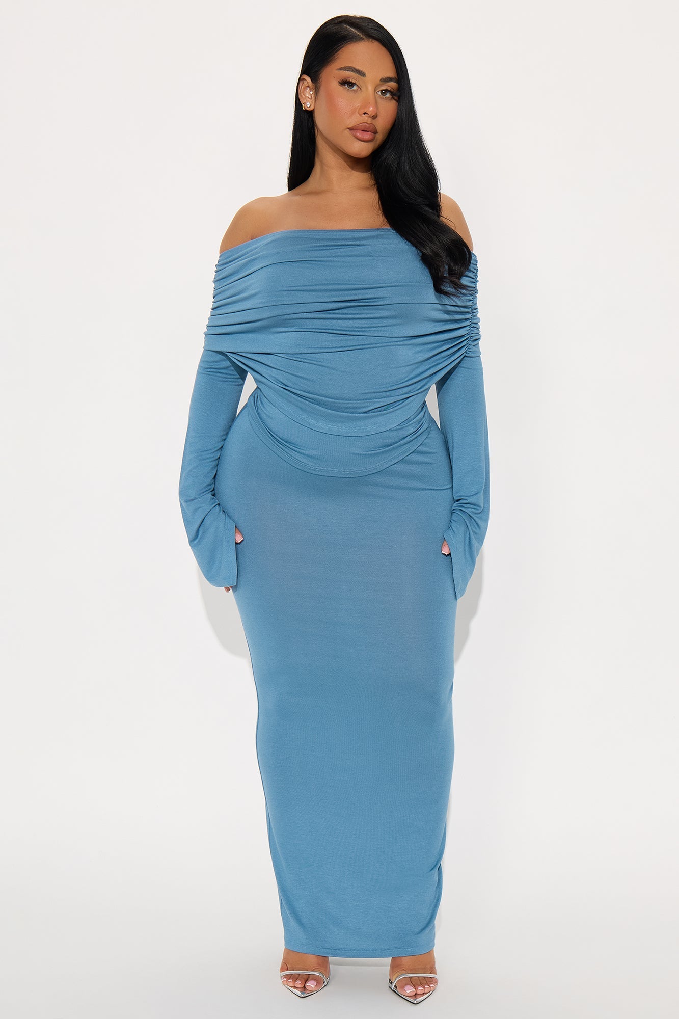 Draped In Love Off Shoulder Maxi Skirt Set - Denim