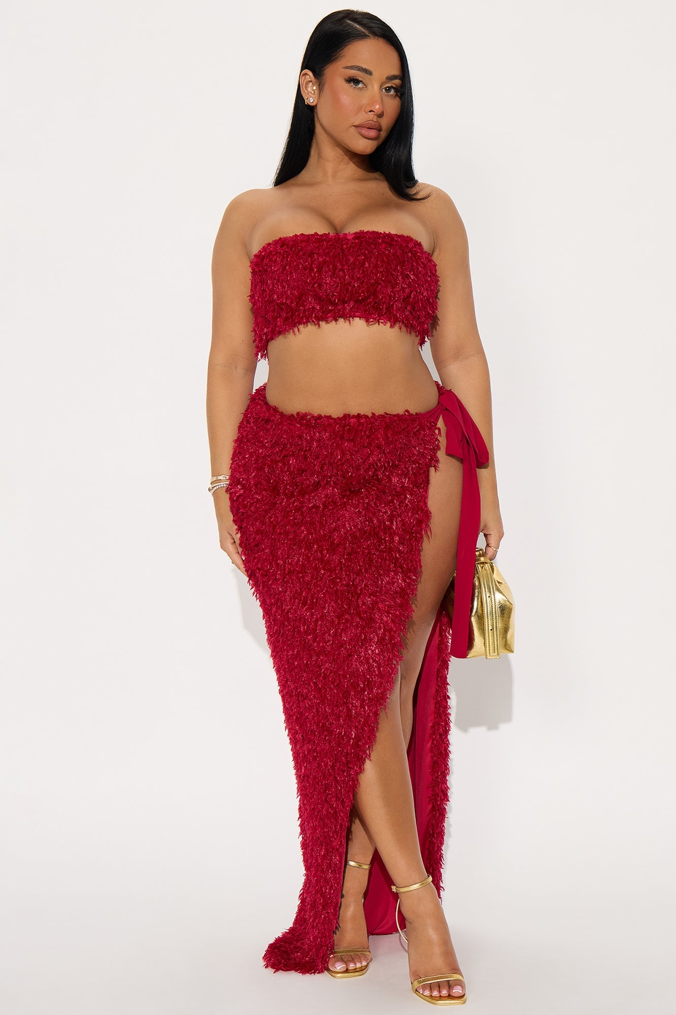 Flirt And Flair Feather Maxi Skirt Set - Burgundy