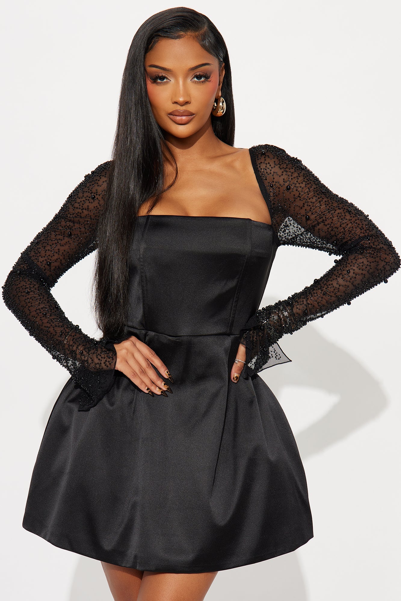 Princess Beaded Satin A Line Mini Dress - Black
