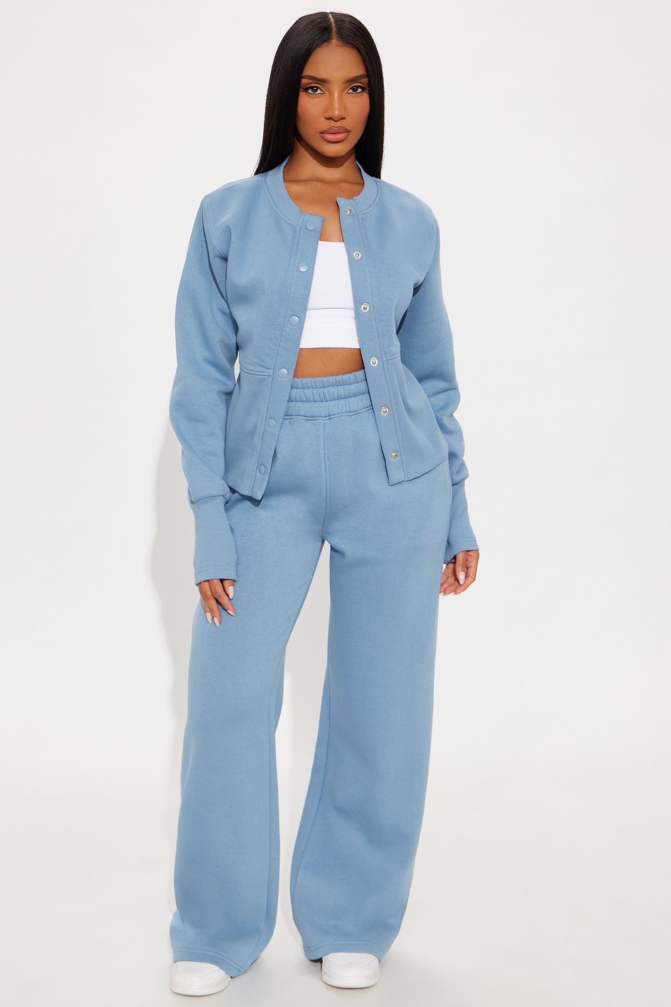 Varsity Girly Fleece Wide Leg Pant Set - Slate Blue