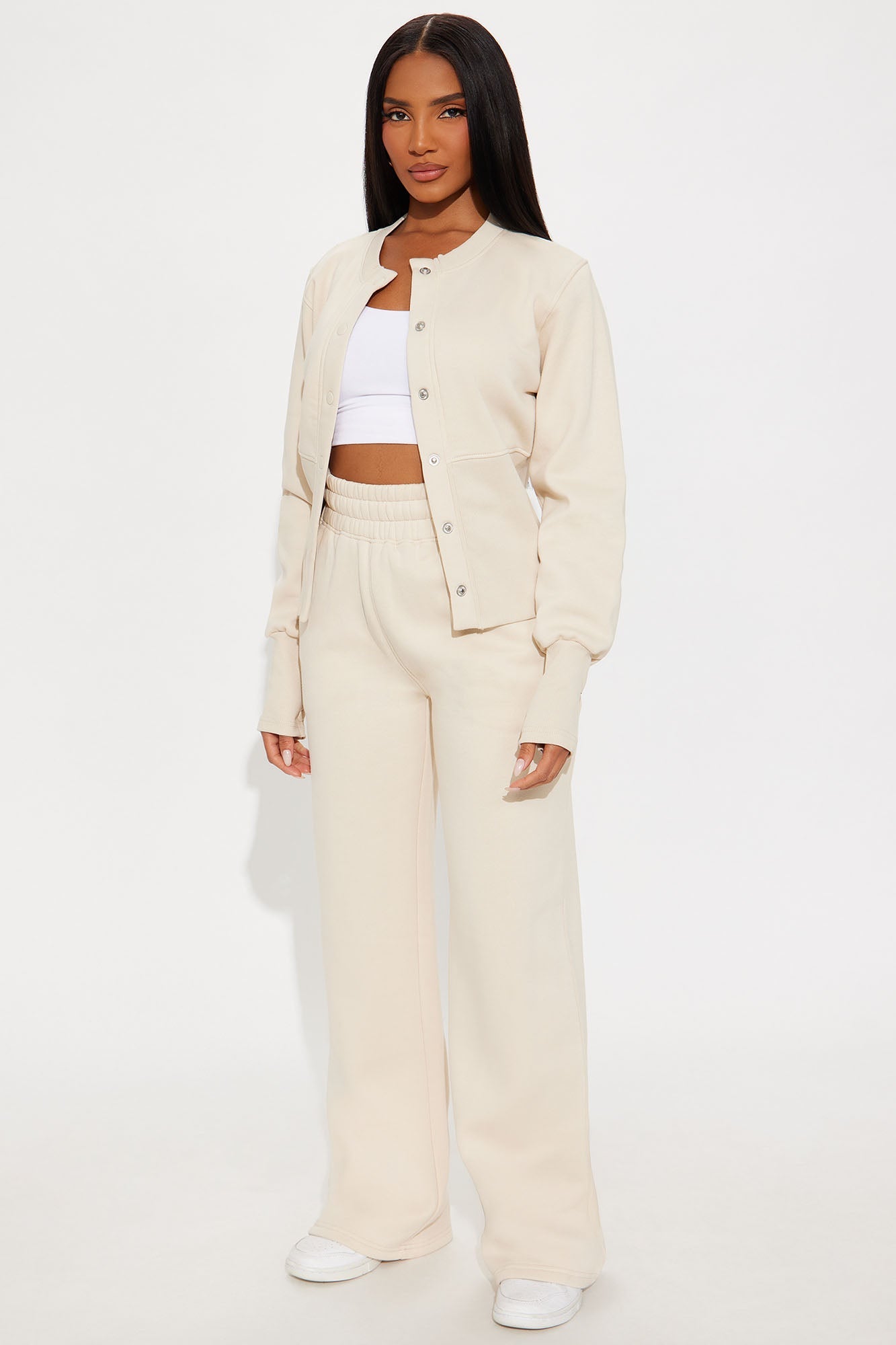 Varsity Girly Fleece Wide Leg Pant Set - Taupe