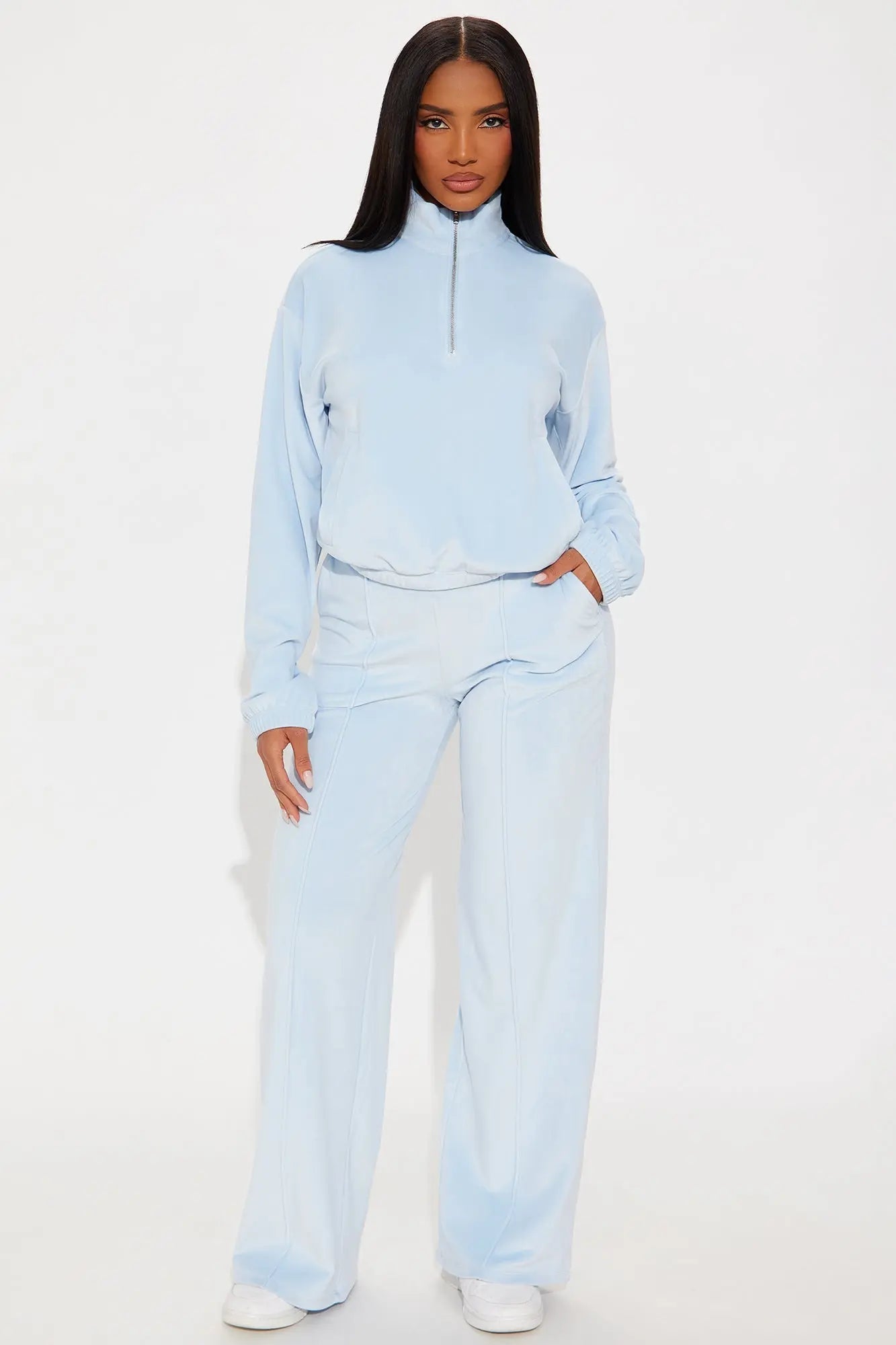 Pause For Now Quarter Zip Velour Pant Set - Light Blue